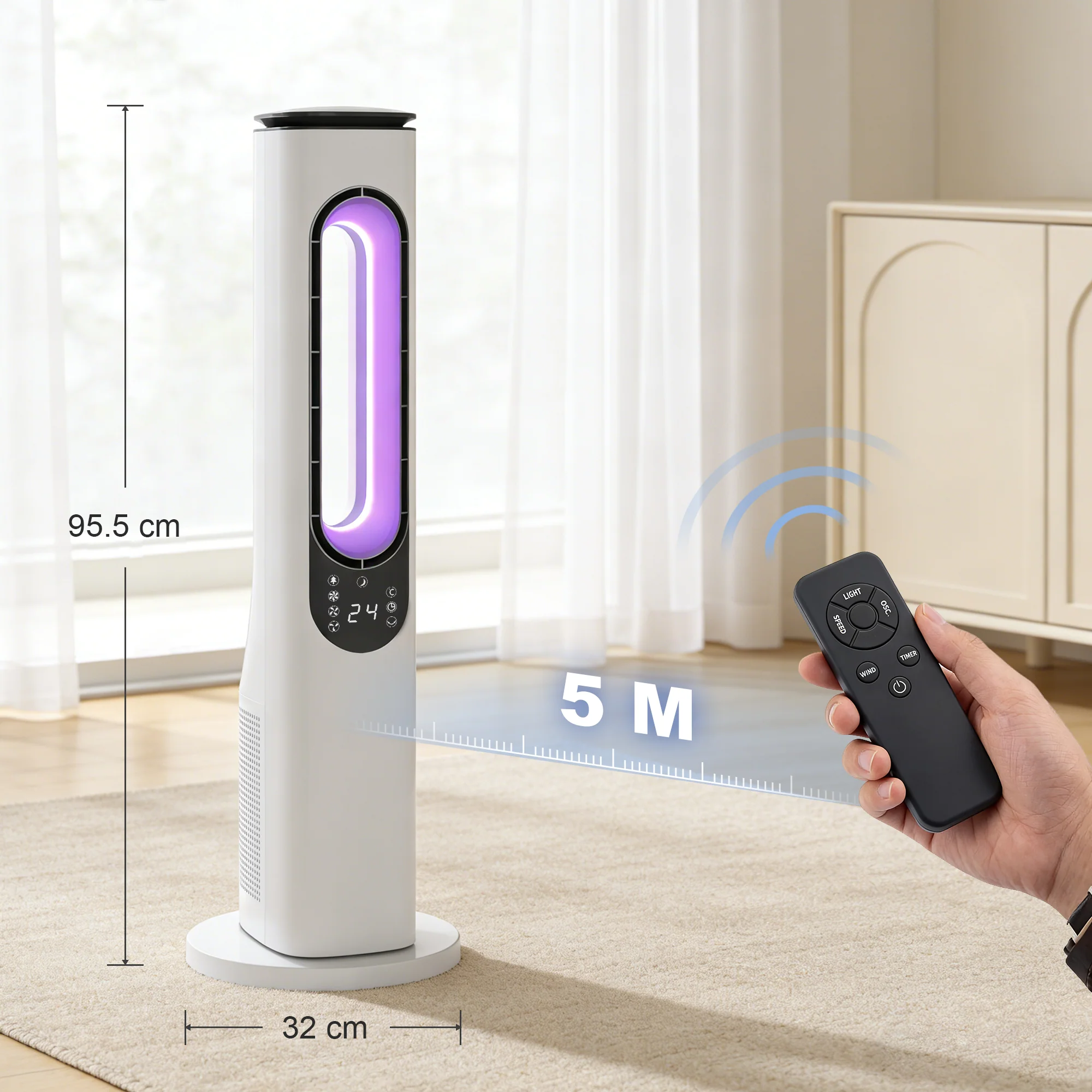HOMCOM Bladeless Tower Fan, 35dB Standing Cooling Fan With Oscillating - Image 5