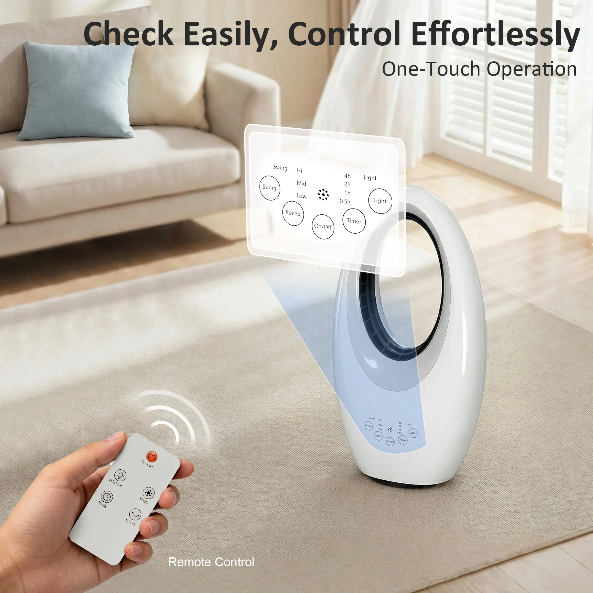 HOMCOM Bladeless Tower Fan For Bedroom, 36dB Standing Cooling Fan, White - Image 8