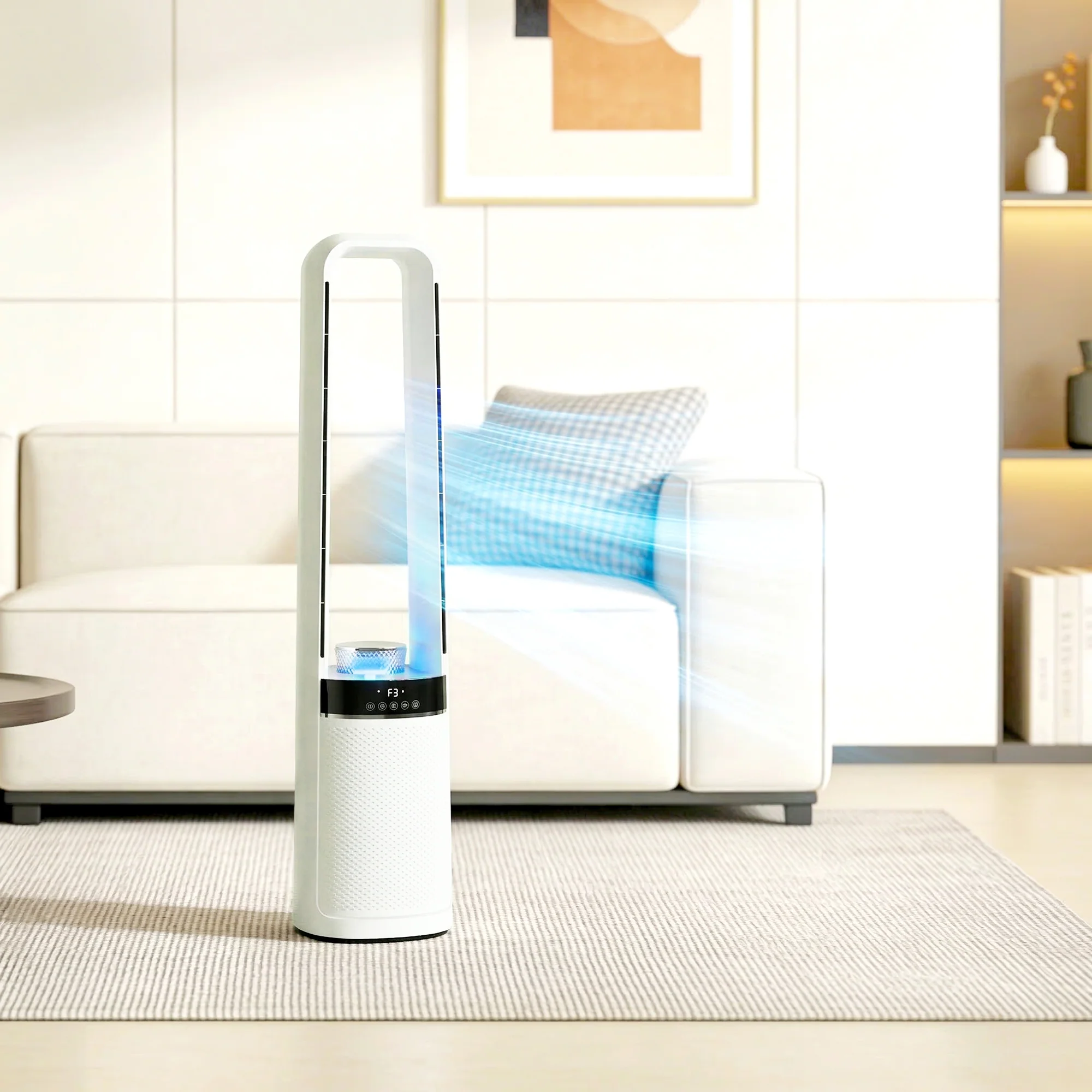 HOMCOM Bladeless Tower Fan With Oscillating, LED Lights, 3 Speeds, White - Image 2