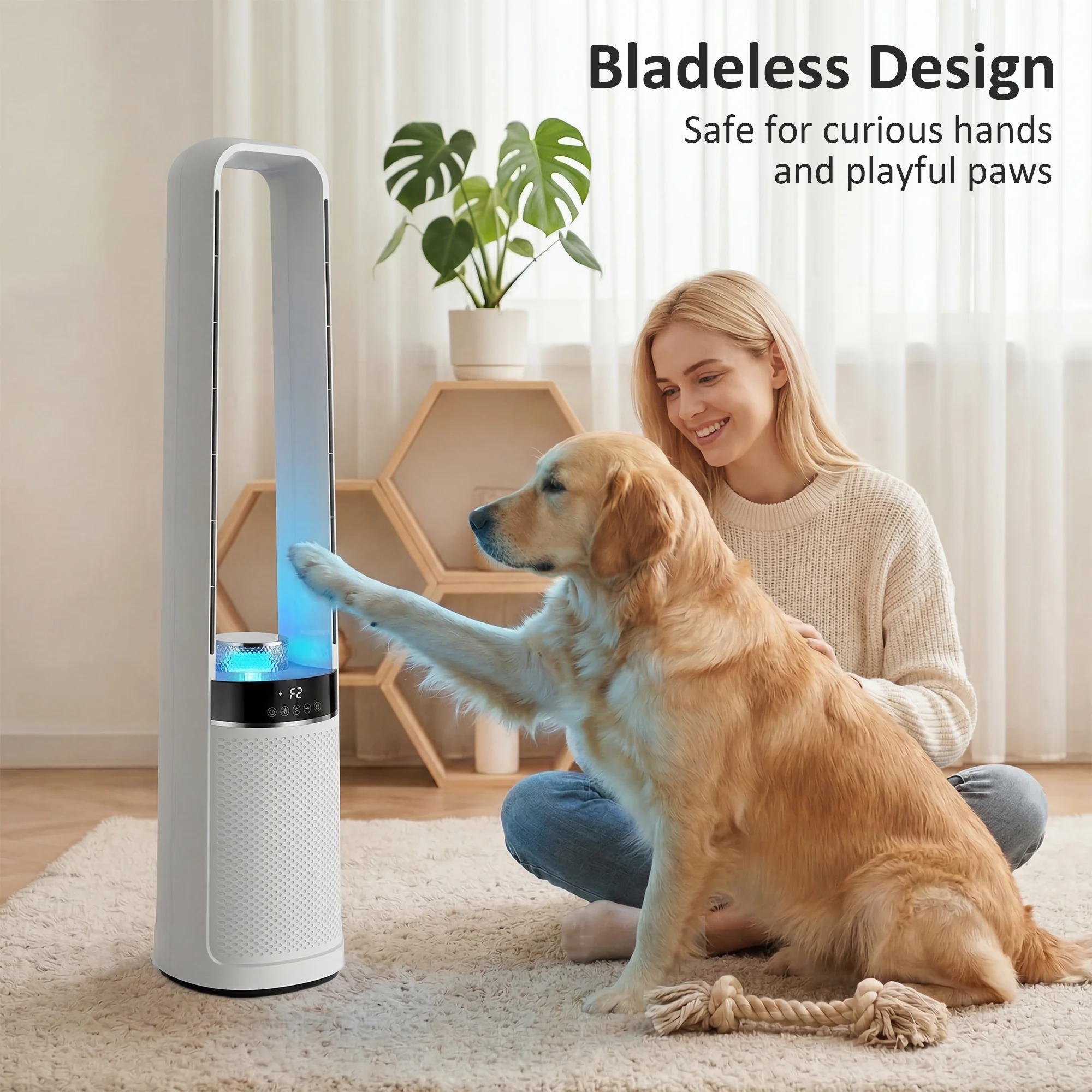 HOMCOM Bladeless Tower Fan With Oscillating, LED Lights, 3 Speeds, White - Image 3