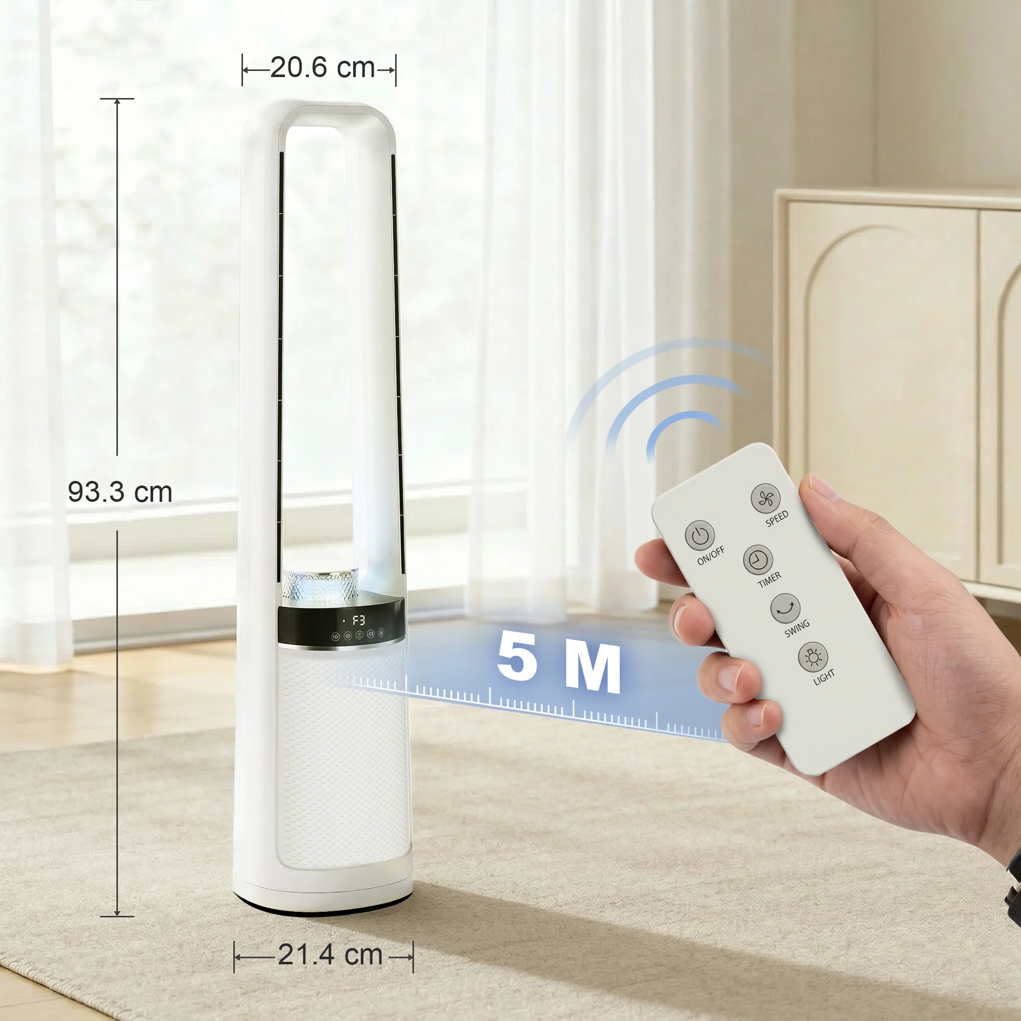 HOMCOM Bladeless Tower Fan With Oscillating, LED Lights, 3 Speeds, White - Image 5