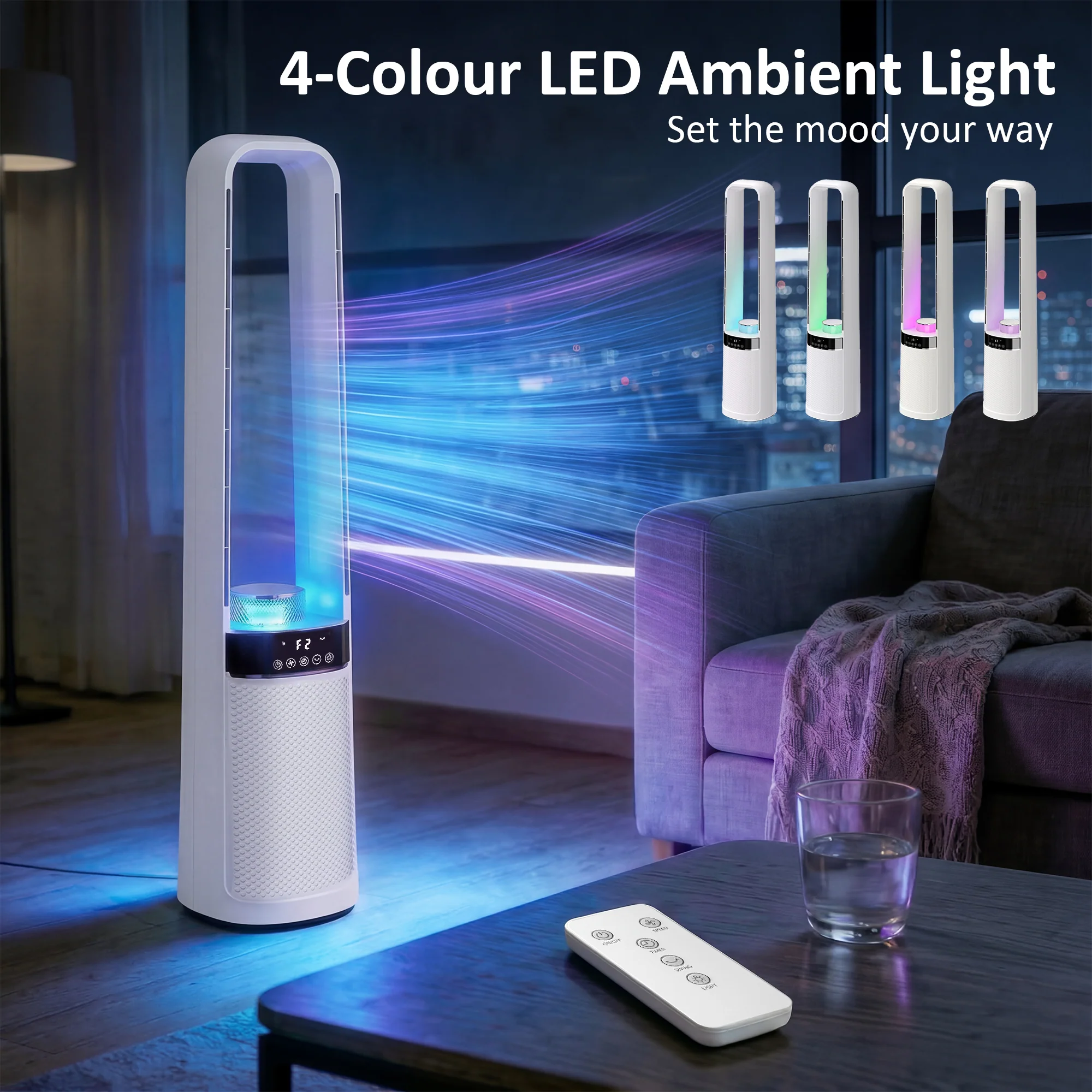 HOMCOM Bladeless Tower Fan With Oscillating, LED Lights, 3 Speeds, White - Image 6
