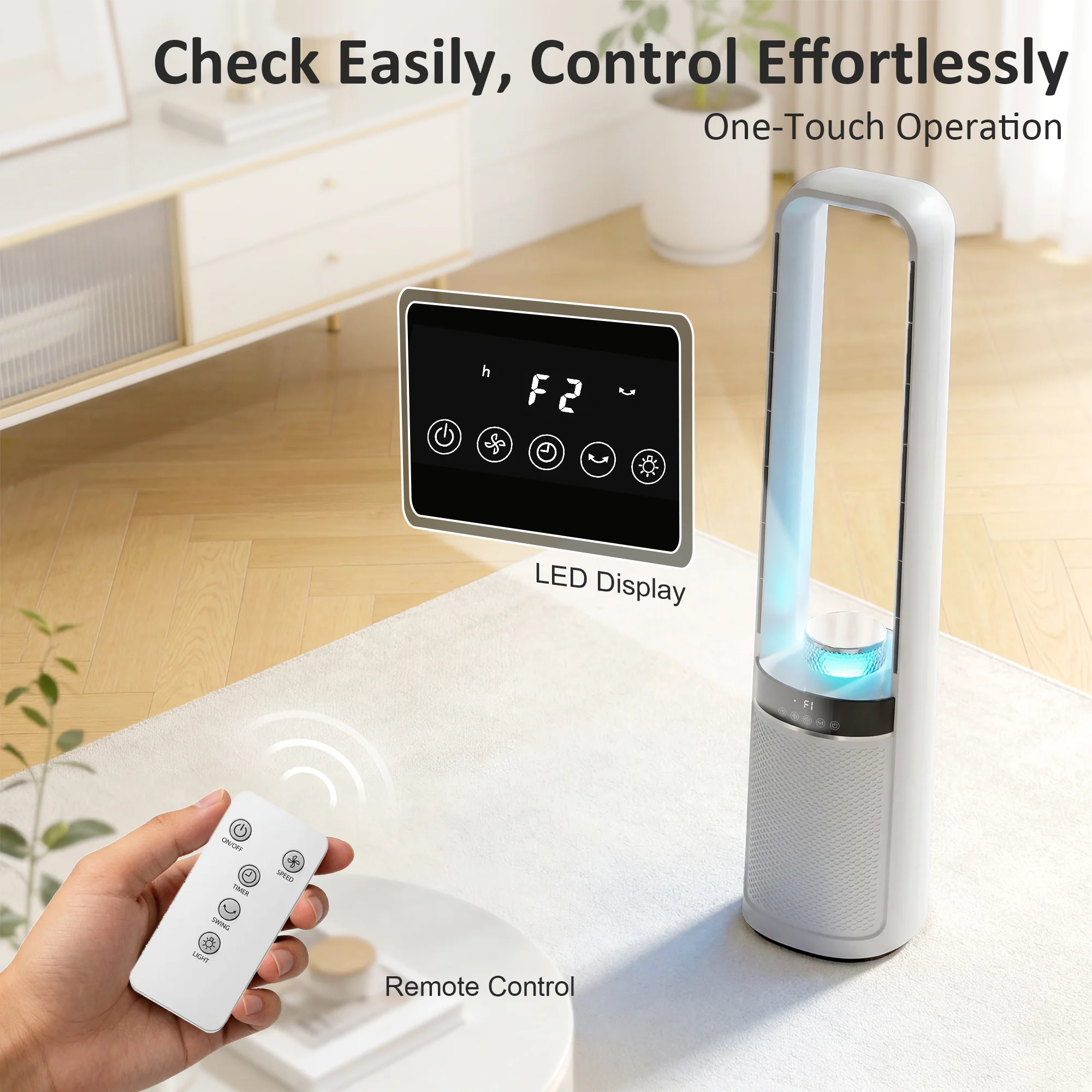 HOMCOM Bladeless Tower Fan With Oscillating, LED Lights, 3 Speeds, White - Image 9