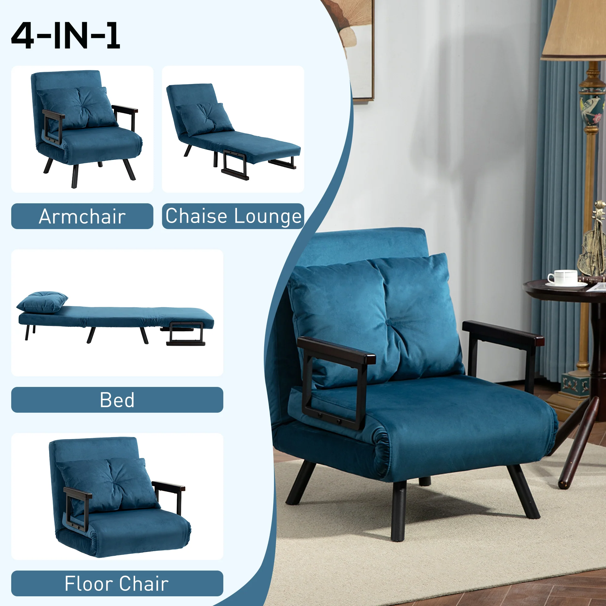 HOMCOM Click Clack Single Chair Bed Settee For Living Room, Guest Room - Image 3