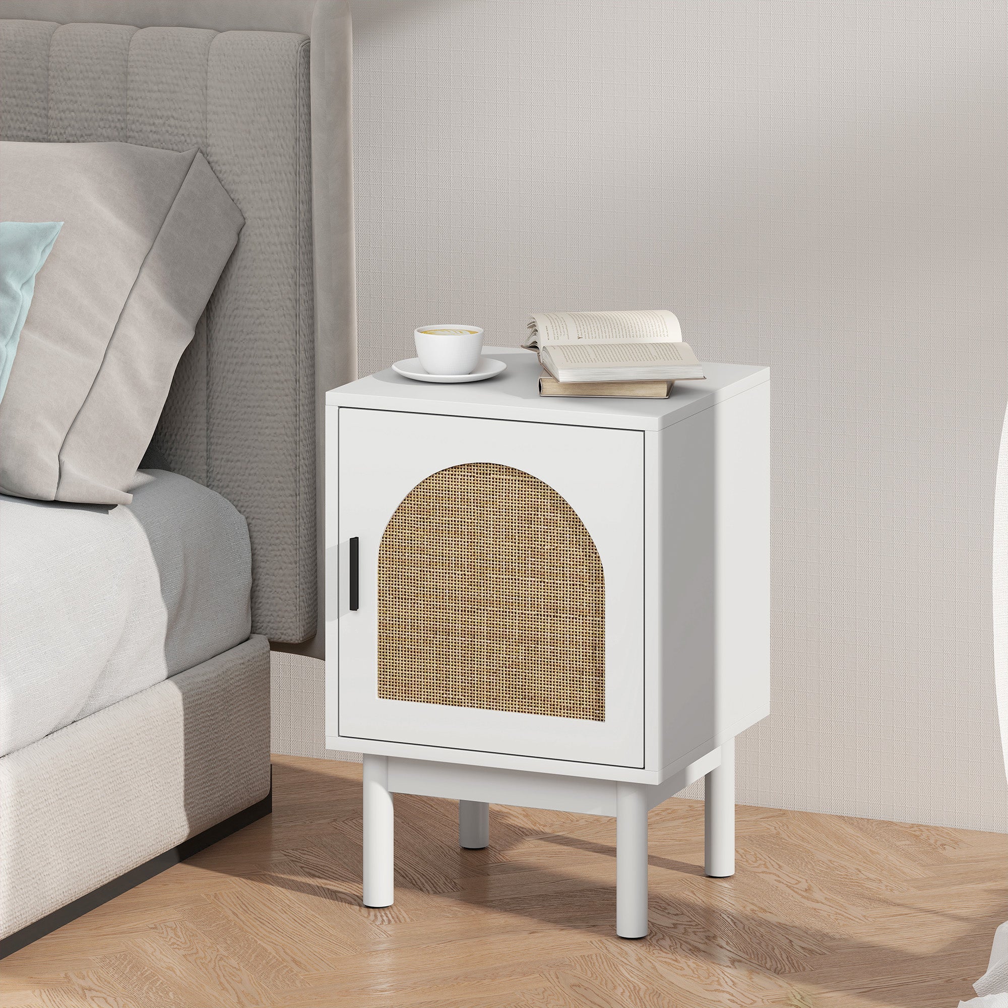 HOMCOM Boho Bedside Table with Rattan Door and Adjustable Shelf - Image 17