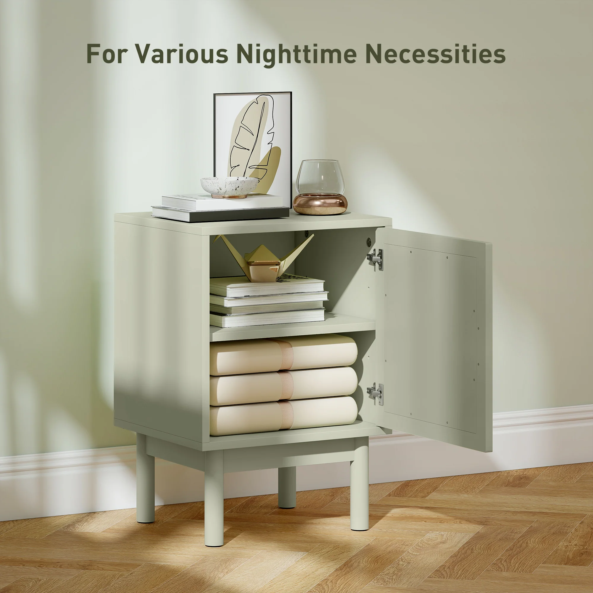 HOMCOM Boho Bedside Table with Rattan Door and Adjustable Shelf - Image 3