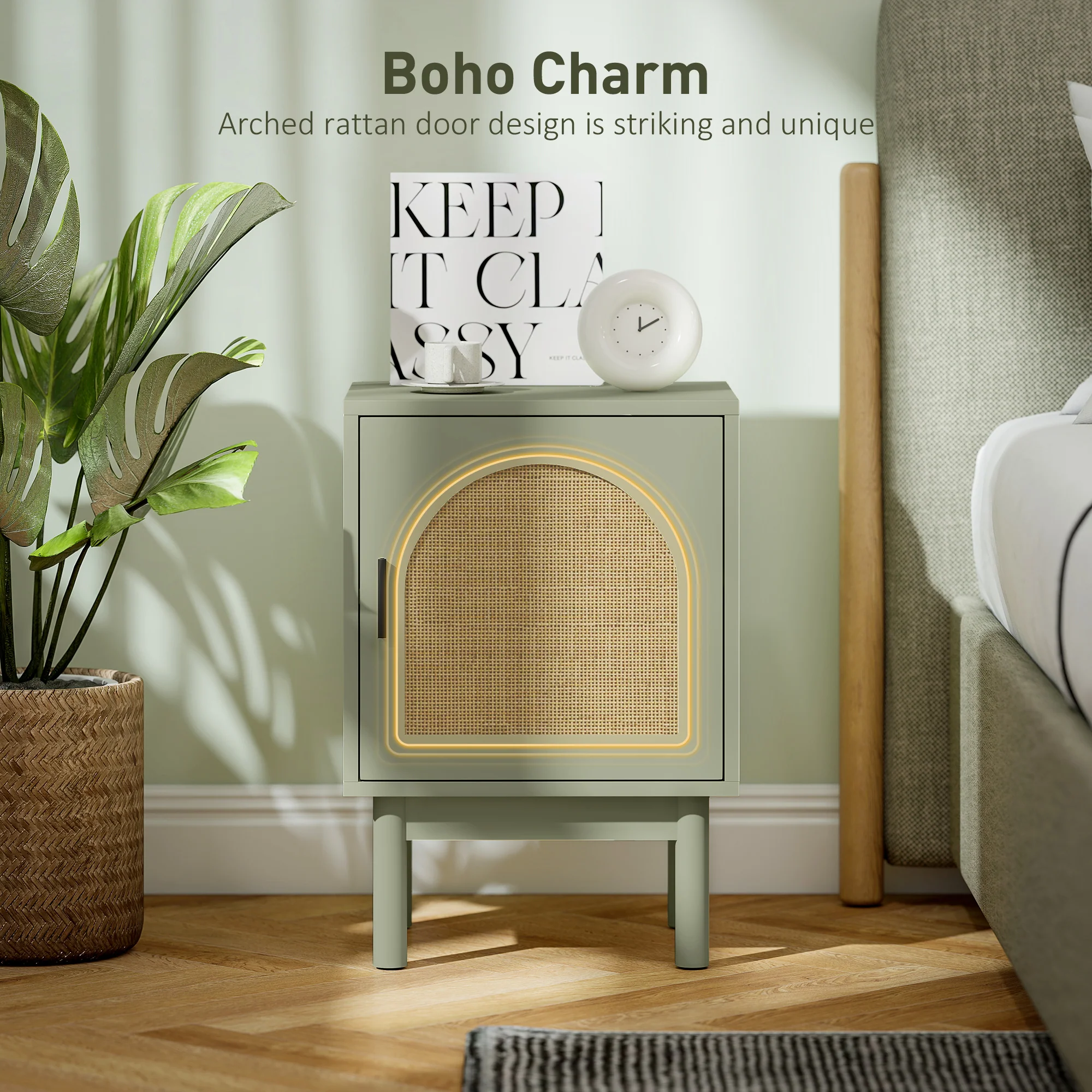 HOMCOM Boho Bedside Table with Rattan Door and Adjustable Shelf - Image 4