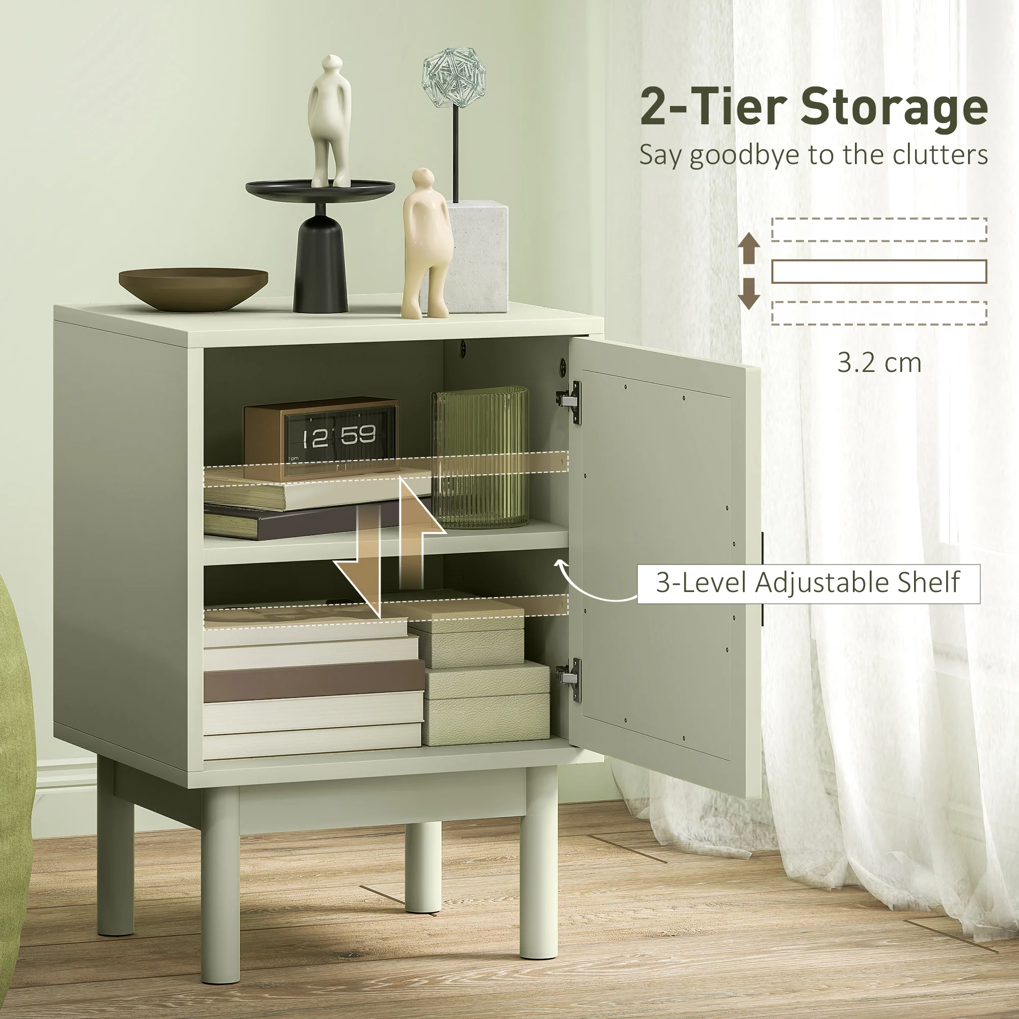 HOMCOM Boho Bedside Table with Rattan Door and Adjustable Shelf - Image 6
