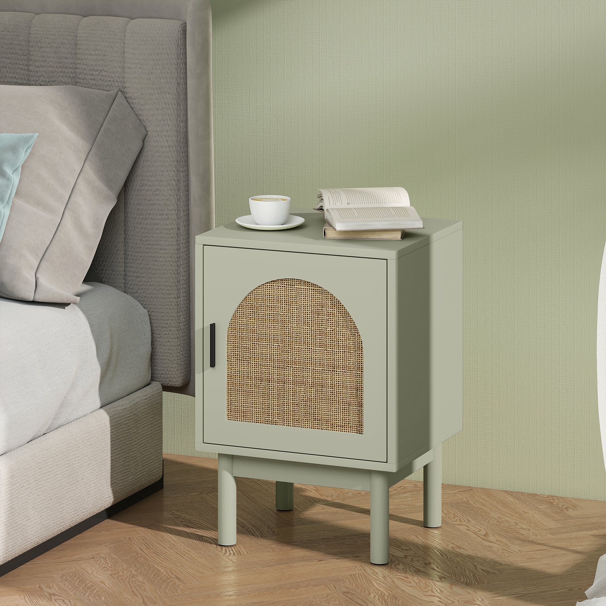HOMCOM Boho Bedside Table with Rattan Door and Adjustable Shelf - Image 8