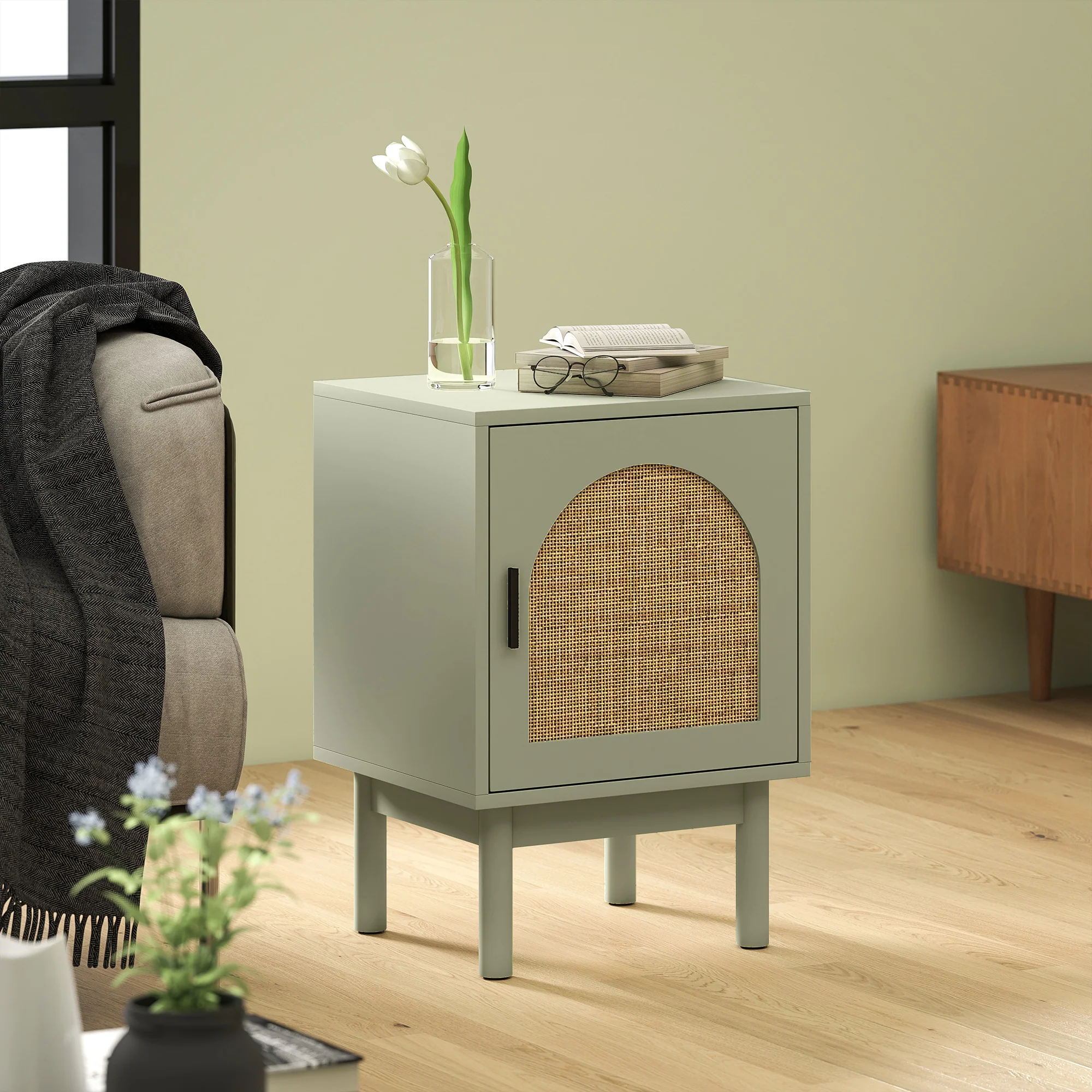 HOMCOM Boho Bedside Table with Rattan Door and Adjustable Shelf - Image 9
