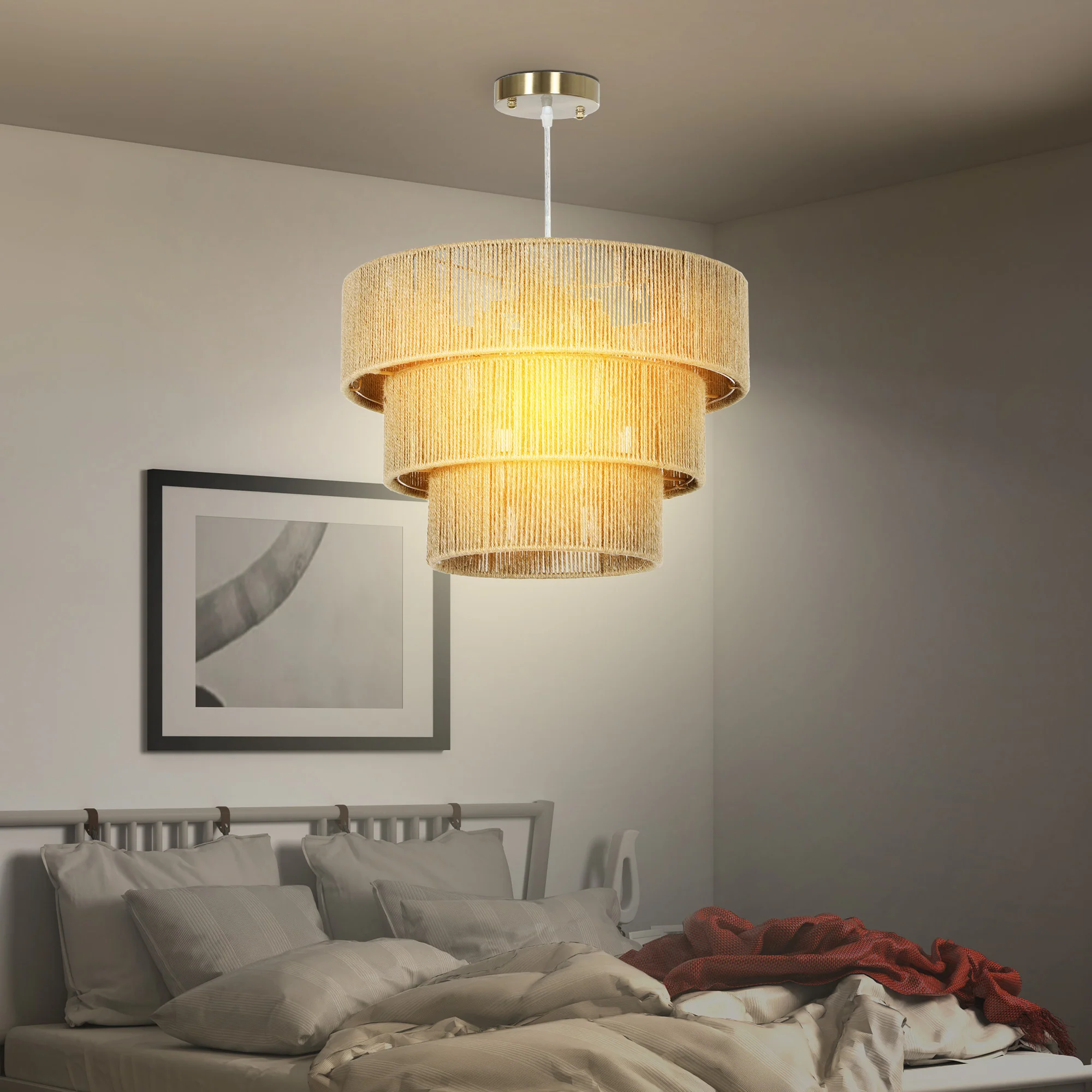 HOMCOM Boho Hemp Rope Pendant Light, Ceiling Light for Bedroom, Light Brown - Image 2