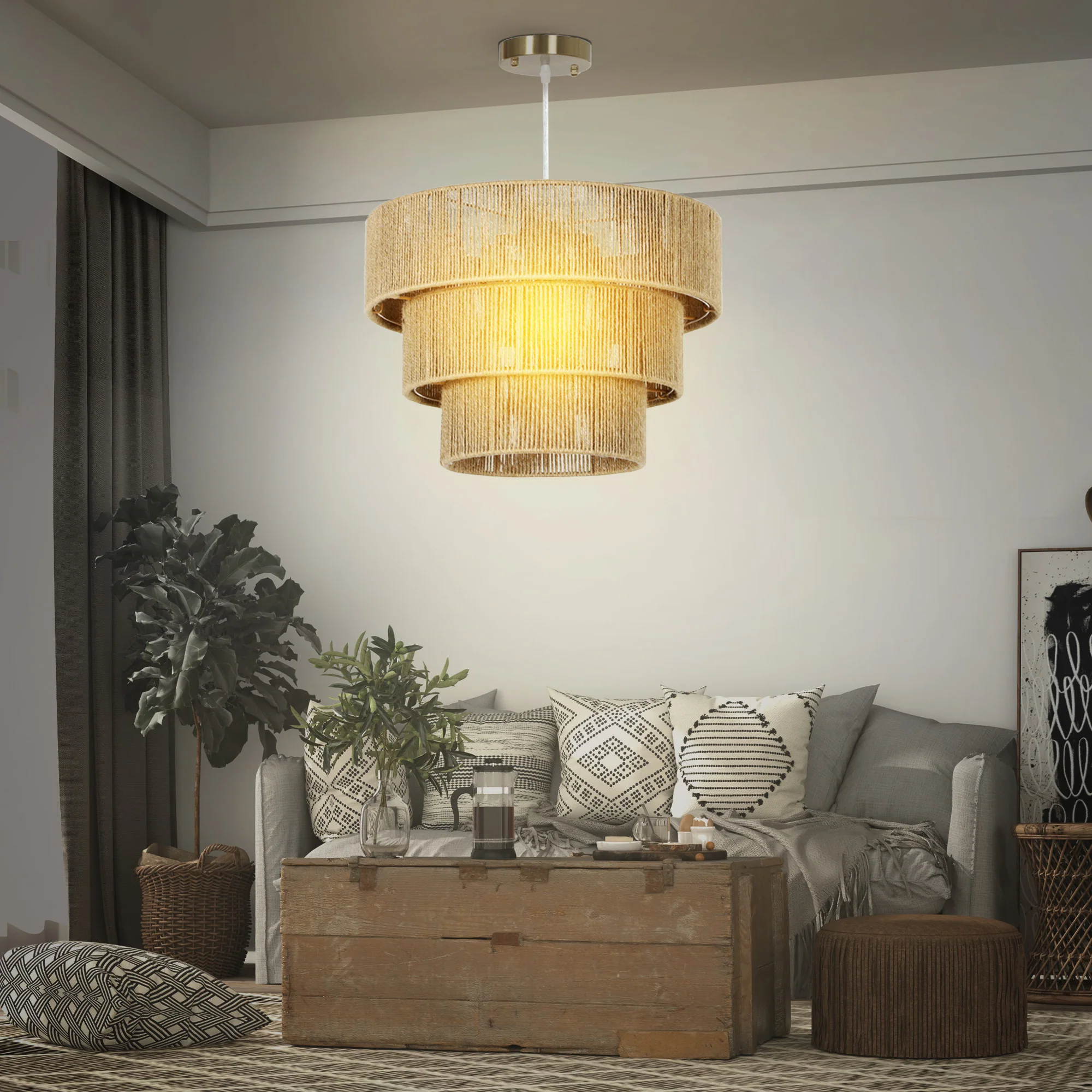 HOMCOM Boho Hemp Rope Pendant Light, Ceiling Light for Bedroom, Light Brown - Image 6