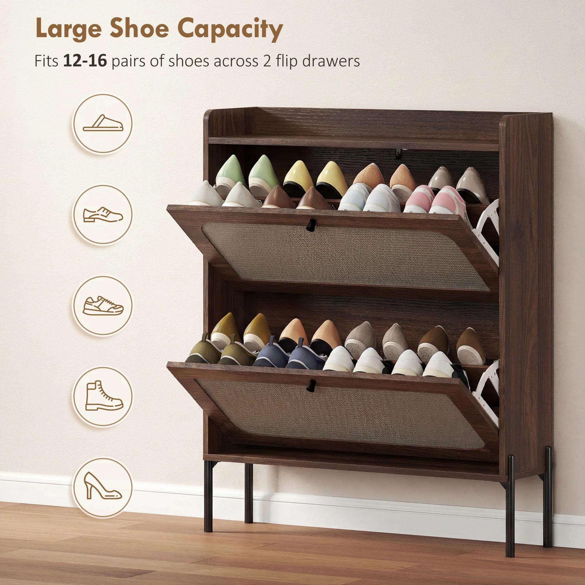 HOMCOM Boho Narrow Shoe Cabinet, Shoe Rack with 2 Flip Drawers, Dark Brown - Image 4