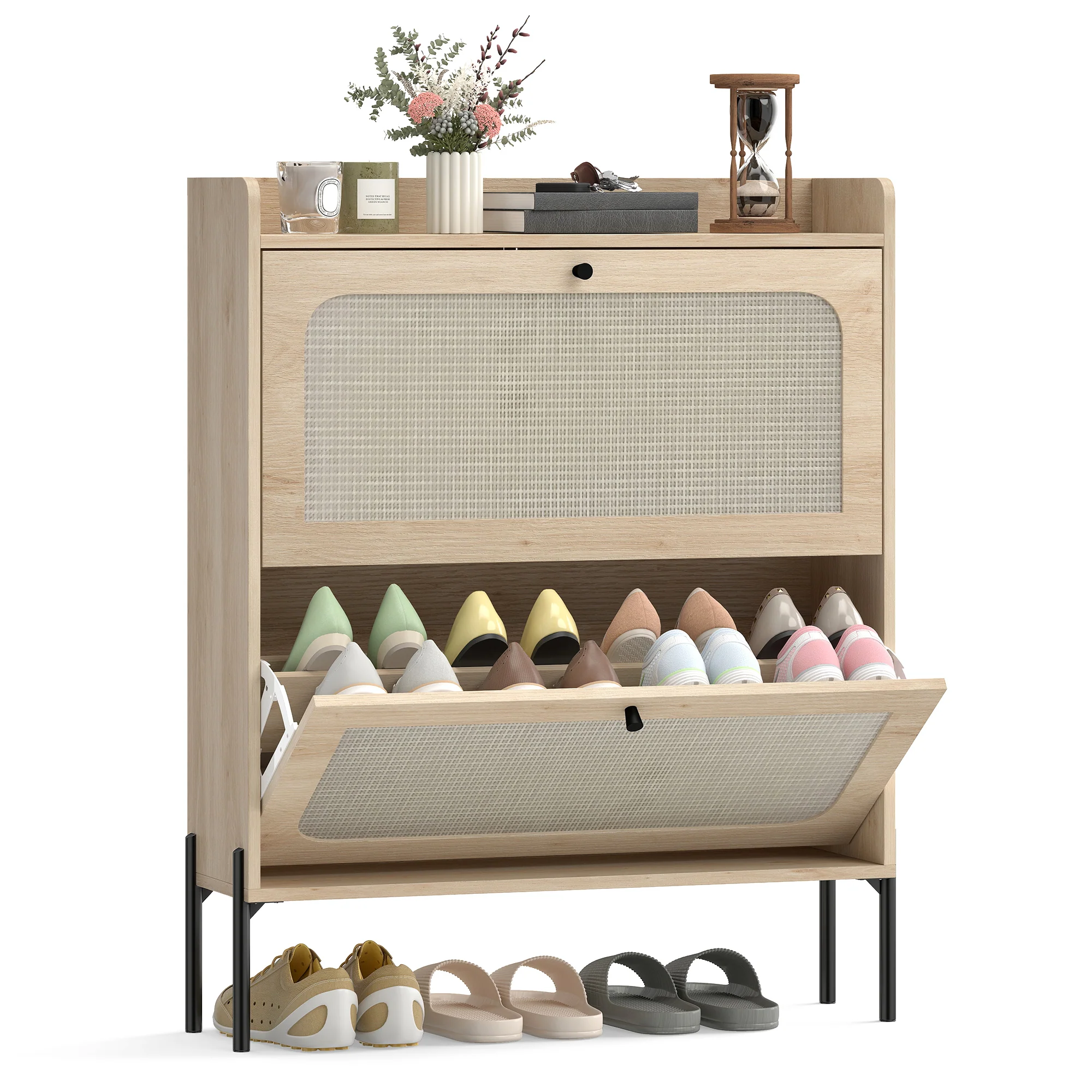 HOMCOM Boho Narrow Shoe Cabinet, Shoe Rack with 2 Flip Drawers, Oak