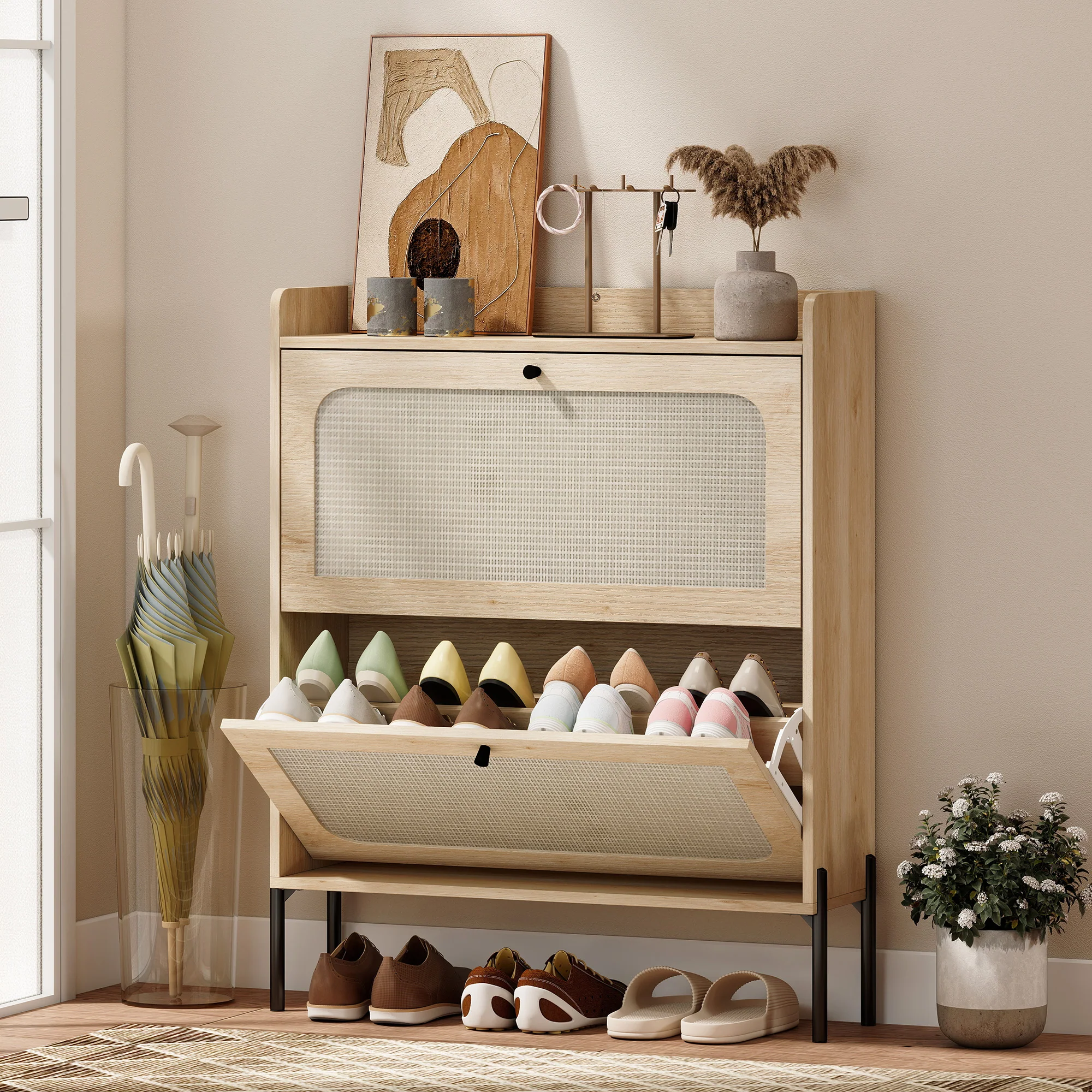 HOMCOM Boho Narrow Shoe Cabinet, Shoe Rack with 2 Flip Drawers, Oak - Image 2