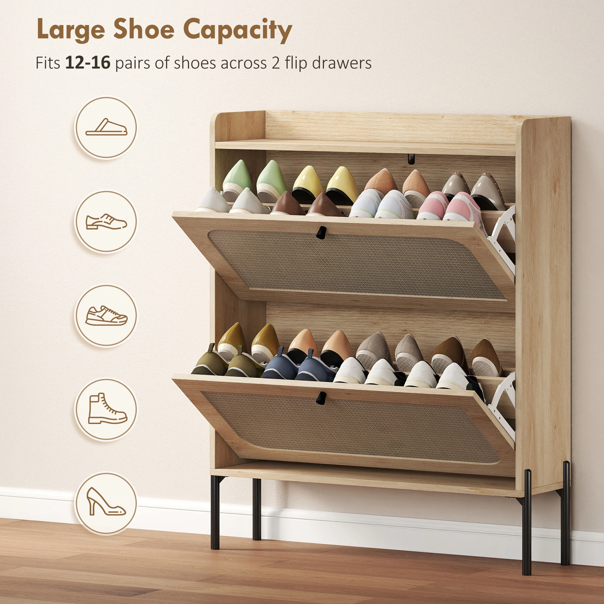 HOMCOM Boho Narrow Shoe Cabinet, Shoe Rack with 2 Flip Drawers, Oak - Image 4