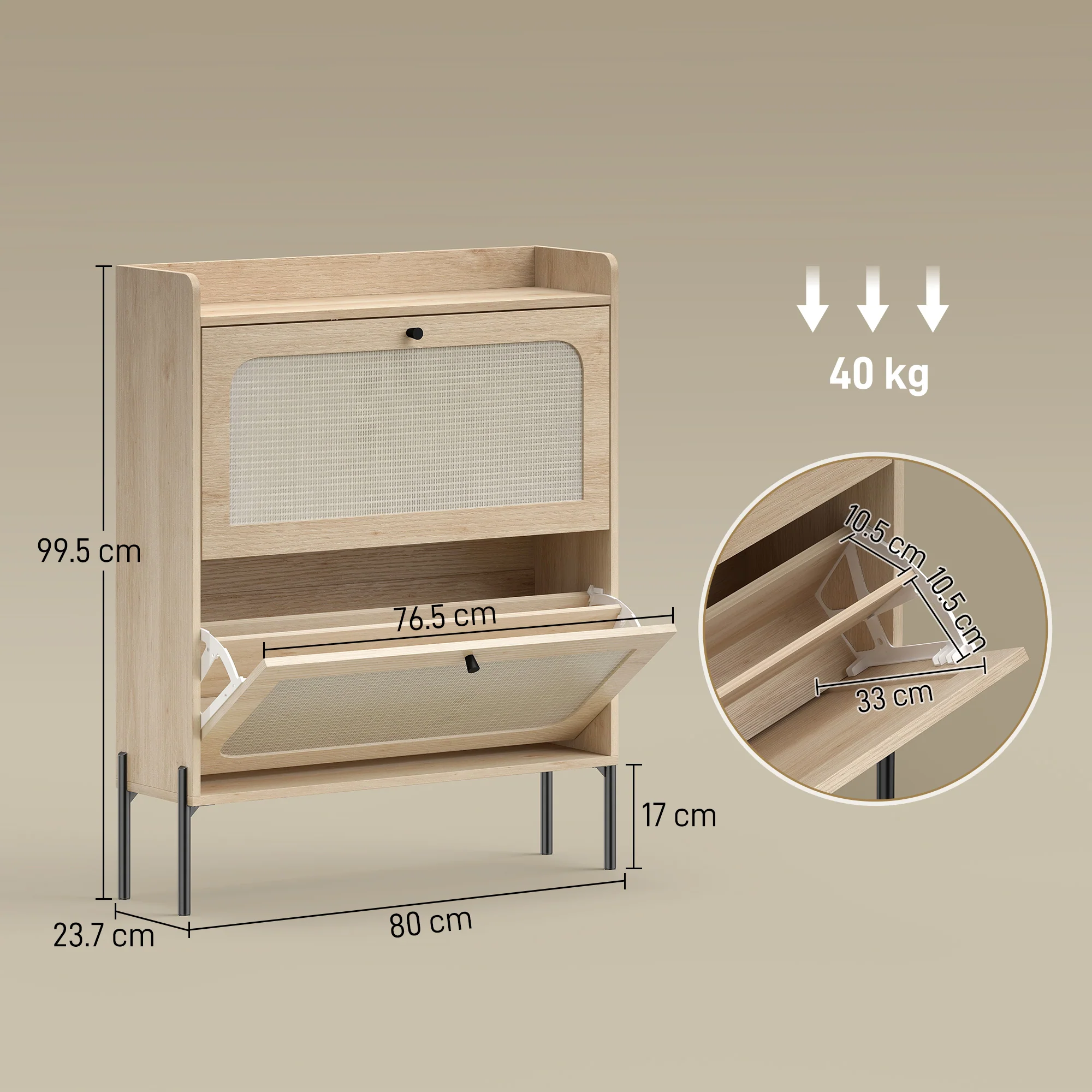 HOMCOM Boho Narrow Shoe Cabinet, Shoe Rack with 2 Flip Drawers, Oak - Image 5