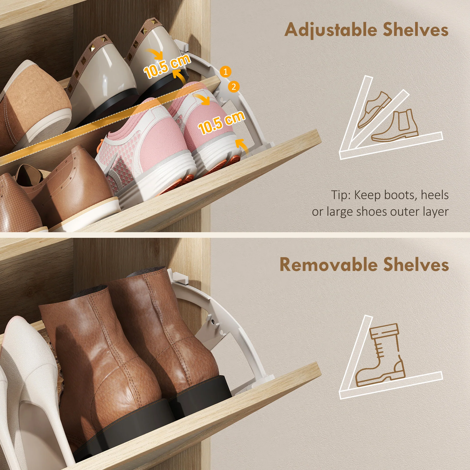 HOMCOM Boho Narrow Shoe Cabinet, Shoe Rack with 2 Flip Drawers, Oak - Image 6