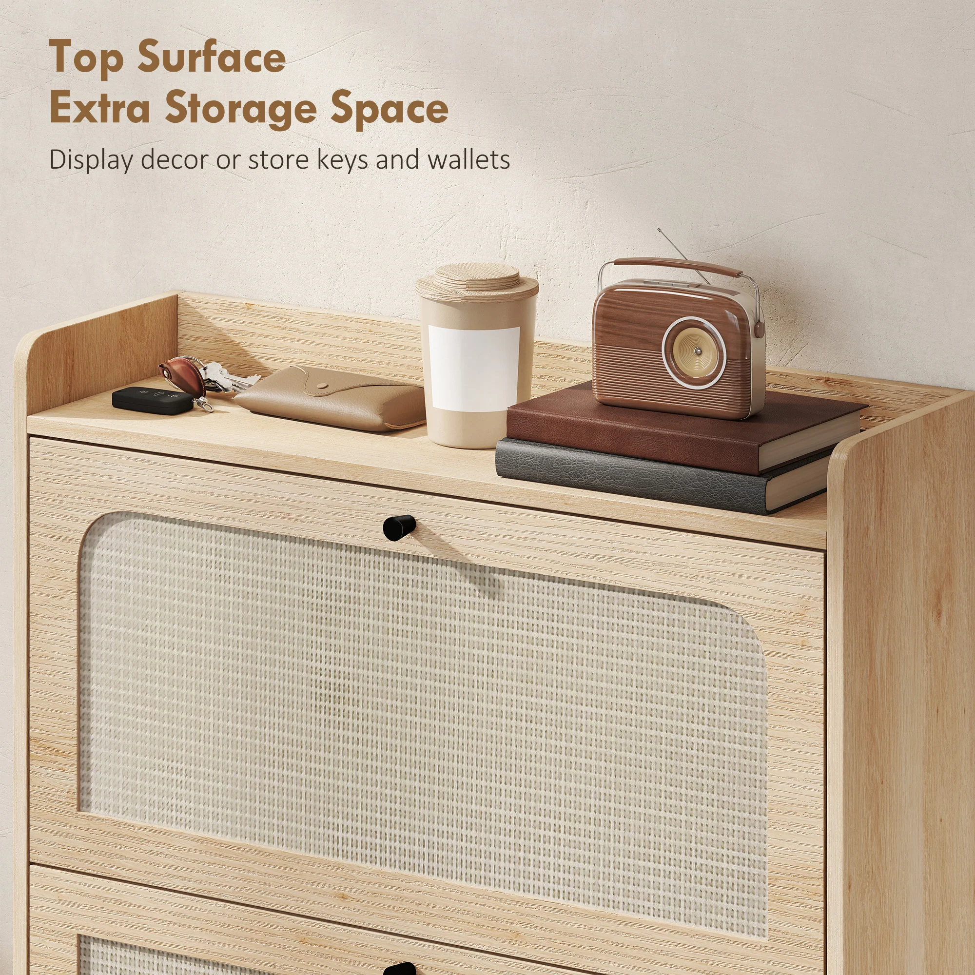 HOMCOM Boho Narrow Shoe Cabinet, Shoe Rack with 2 Flip Drawers, Oak - Image 7