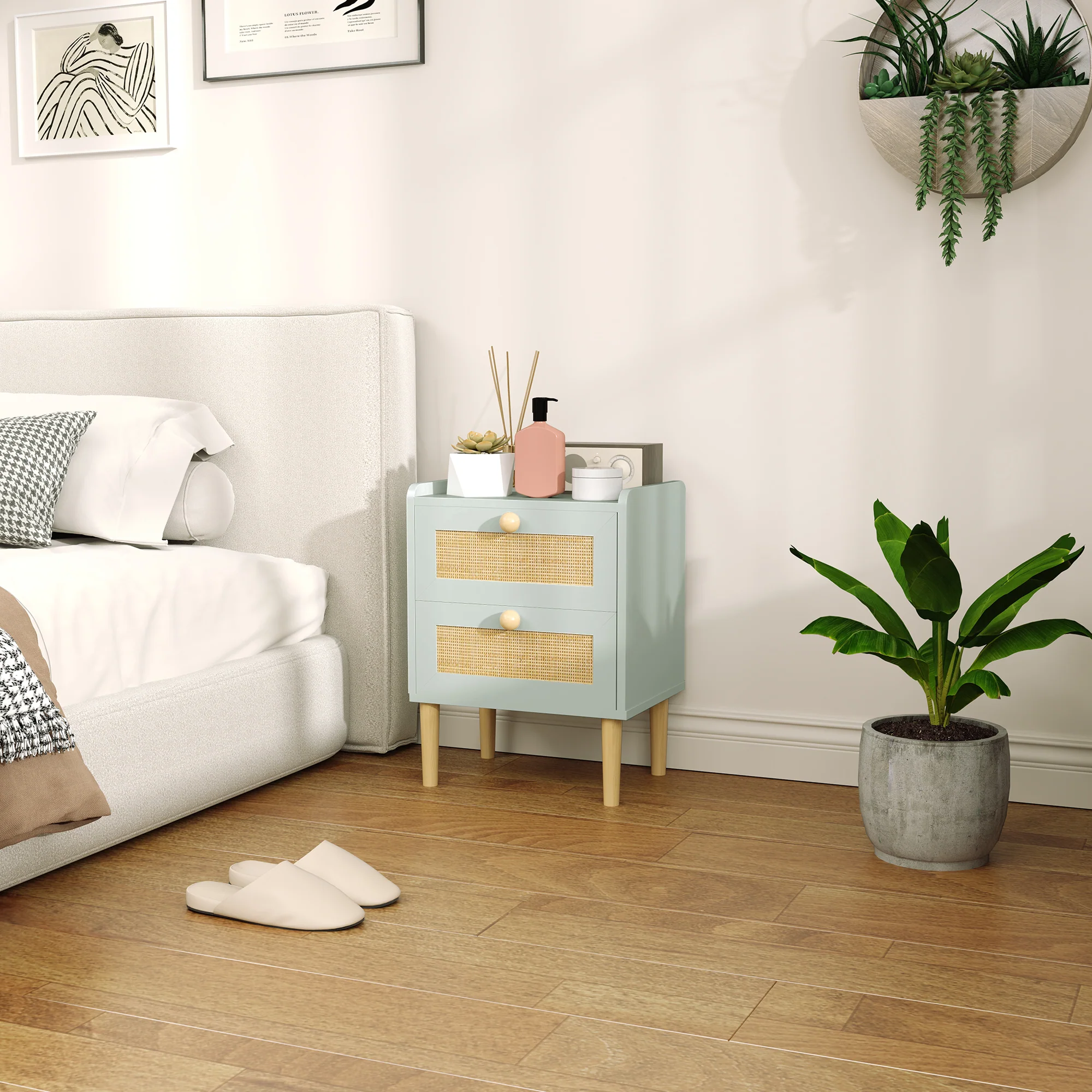 HOMCOM Boho Rattan Bedroom Chest of Drawers, 2 Drawer Dresser, Light Blue - Image 2