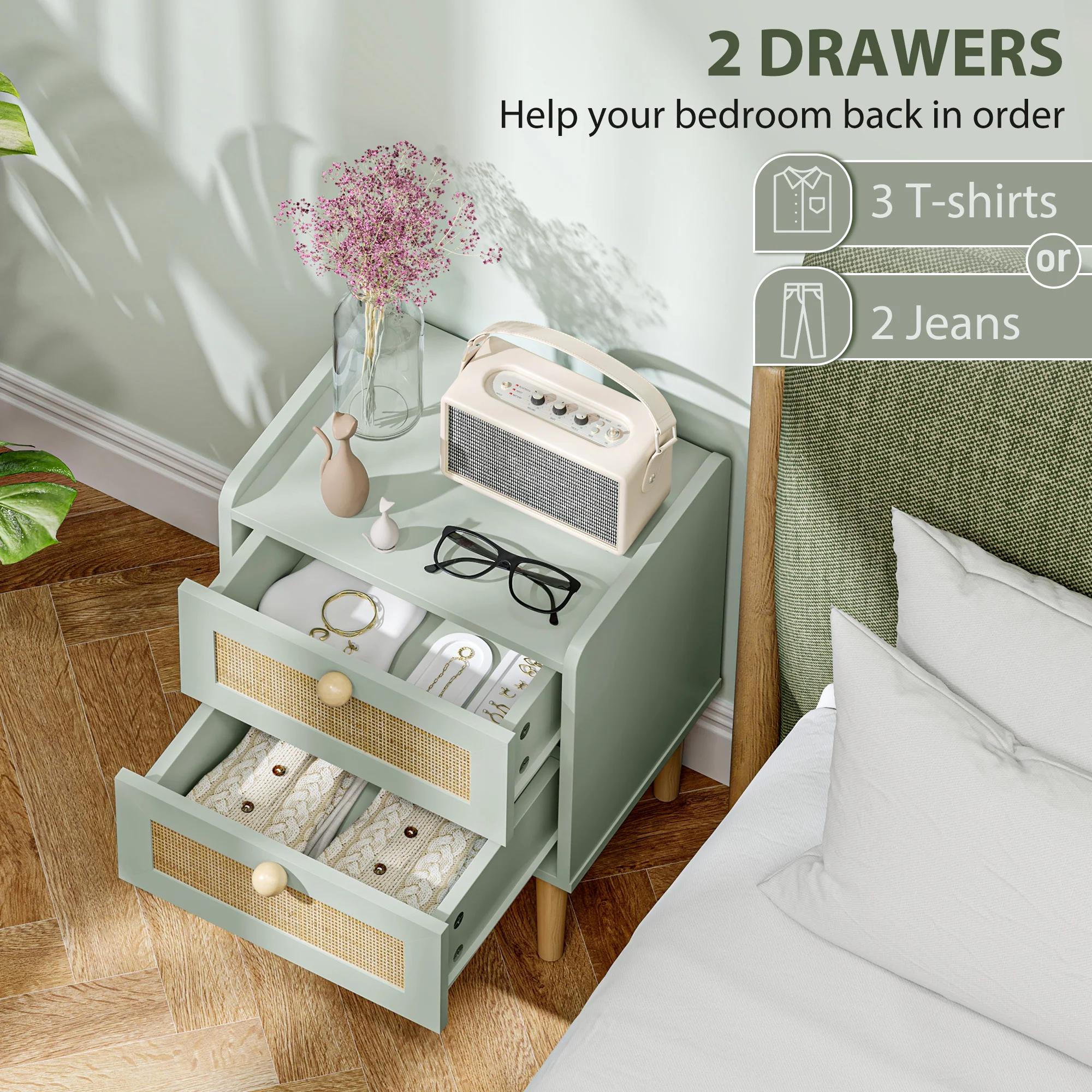HOMCOM Boho Rattan Bedroom Chest of Drawers, 2 Drawer Dresser, Light Blue - Image 3