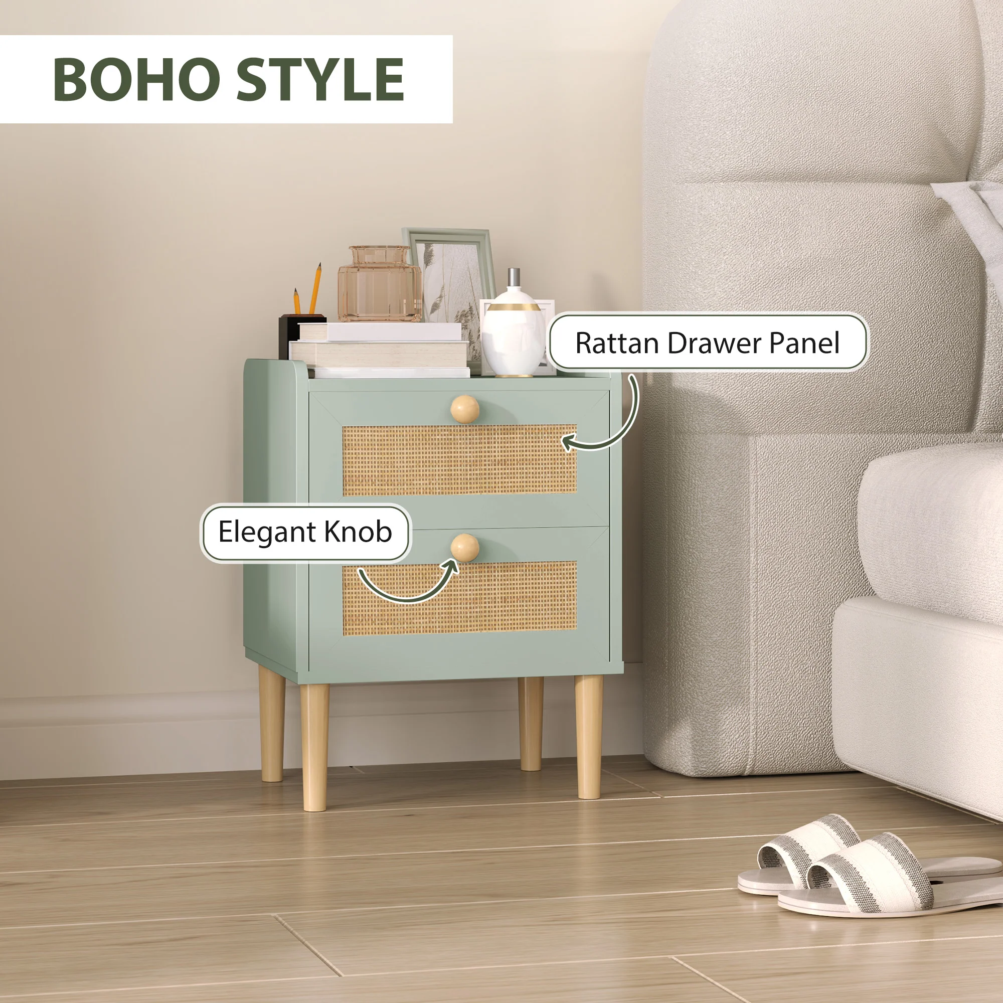 HOMCOM Boho Rattan Bedroom Chest of Drawers, 2 Drawer Dresser, Light Blue - Image 4