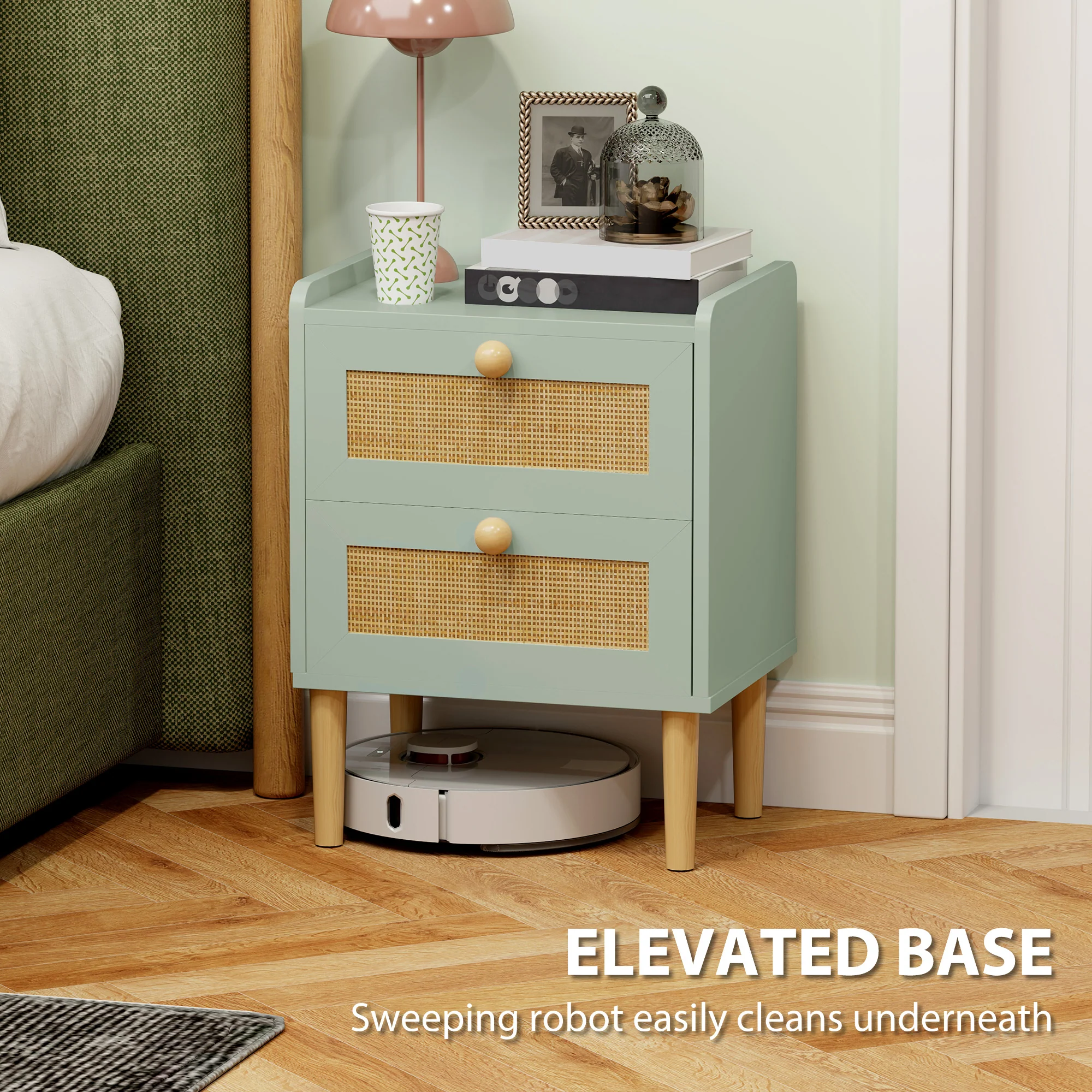 HOMCOM Boho Rattan Bedroom Chest of Drawers, 2 Drawer Dresser, Light Blue - Image 7