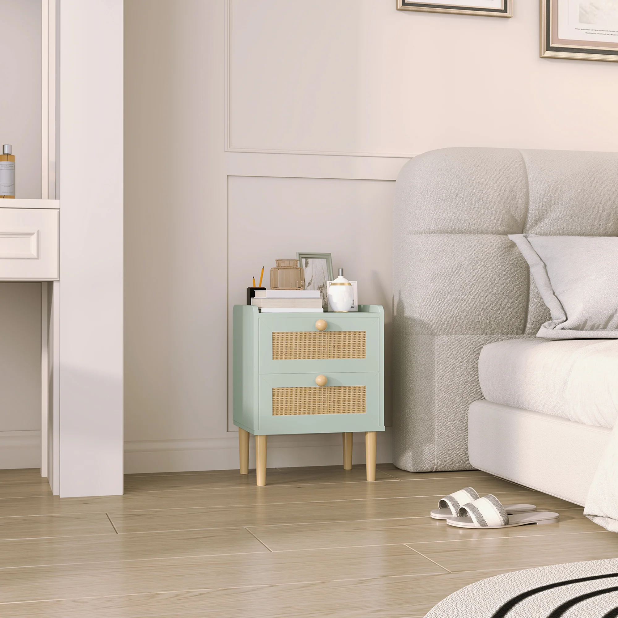 HOMCOM Boho Rattan Bedroom Chest of Drawers, 2 Drawer Dresser, Light Blue - Image 8