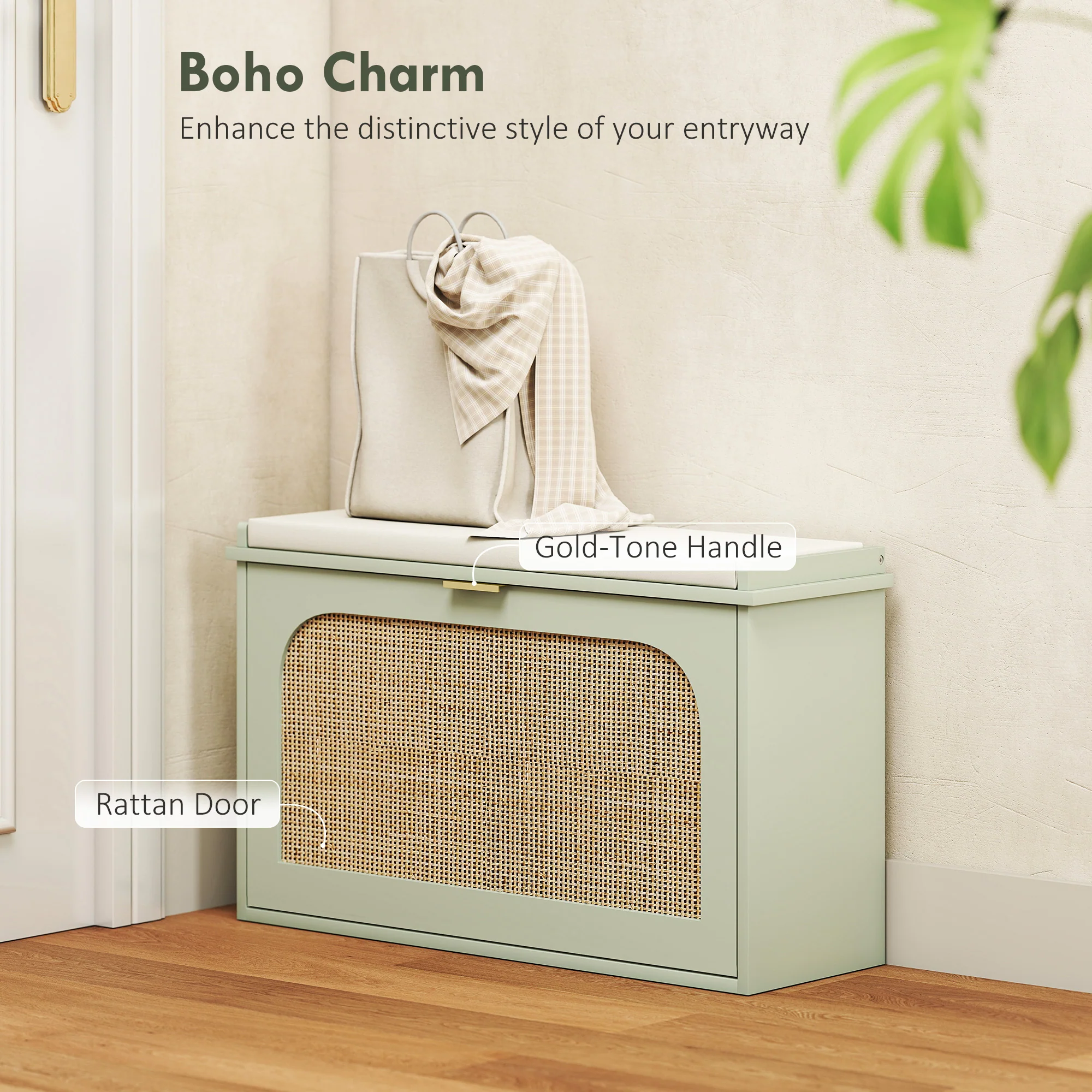 HOMCOM Boho Shoe Bench With Padded Seat And Flip-Drawer - Image 3