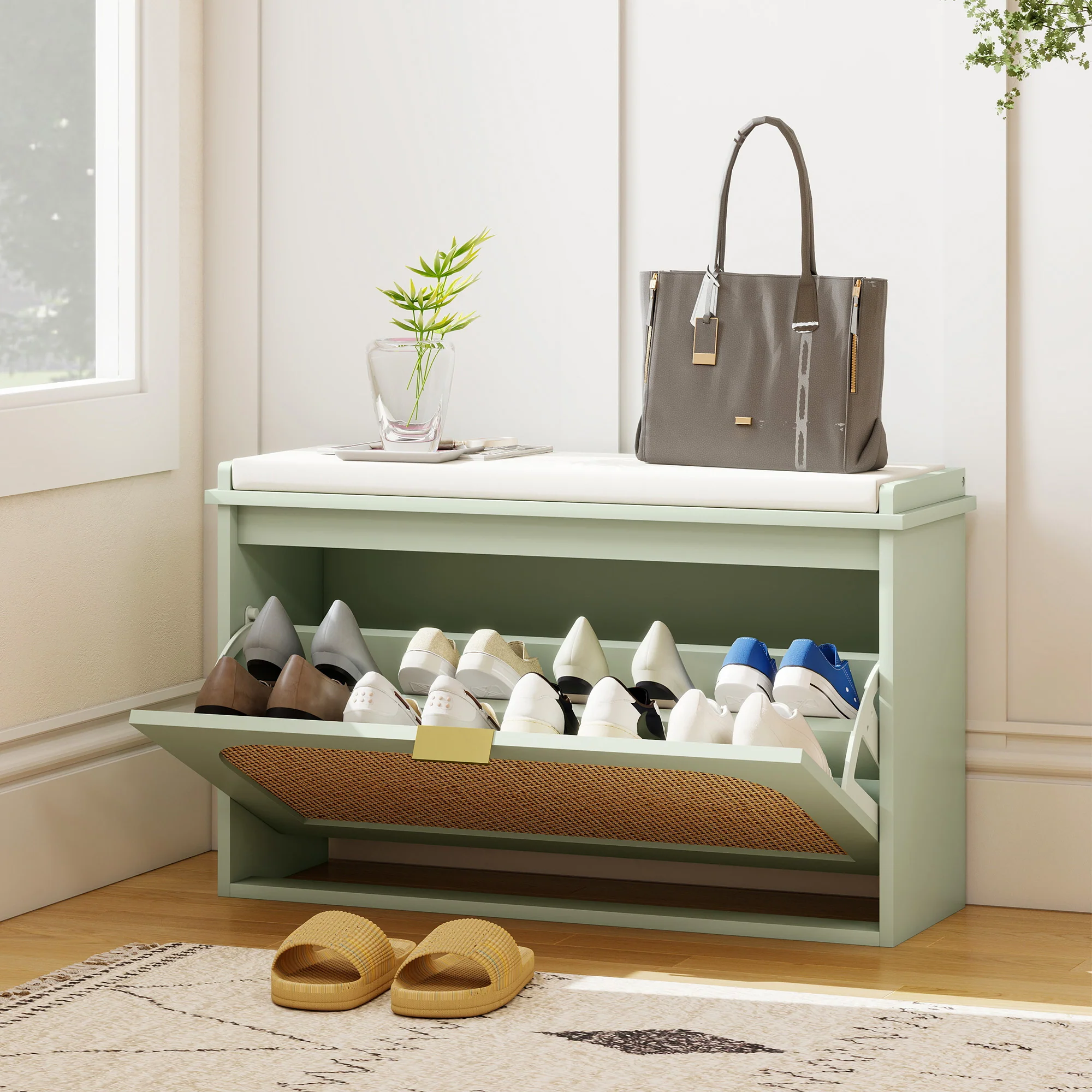 HOMCOM Boho Shoe Bench With Padded Seat And Flip-Drawer - Image 8