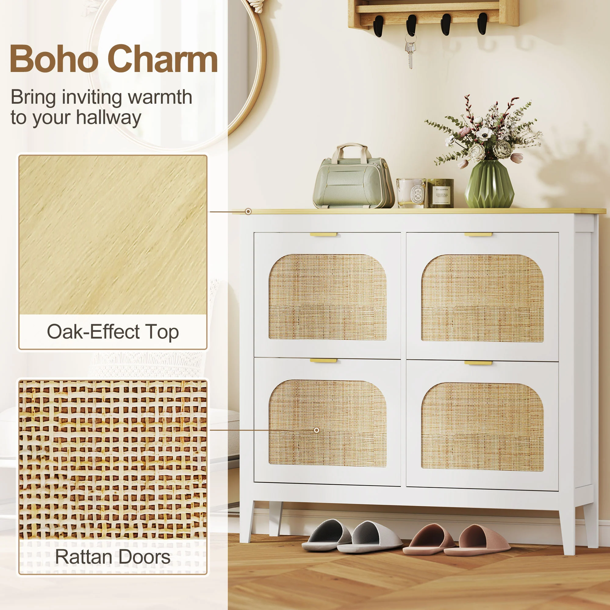 HOMCOM Boho Slim Shoe Cabinet with Rattan Doors, Holds 20 Pairs, White - Image 3