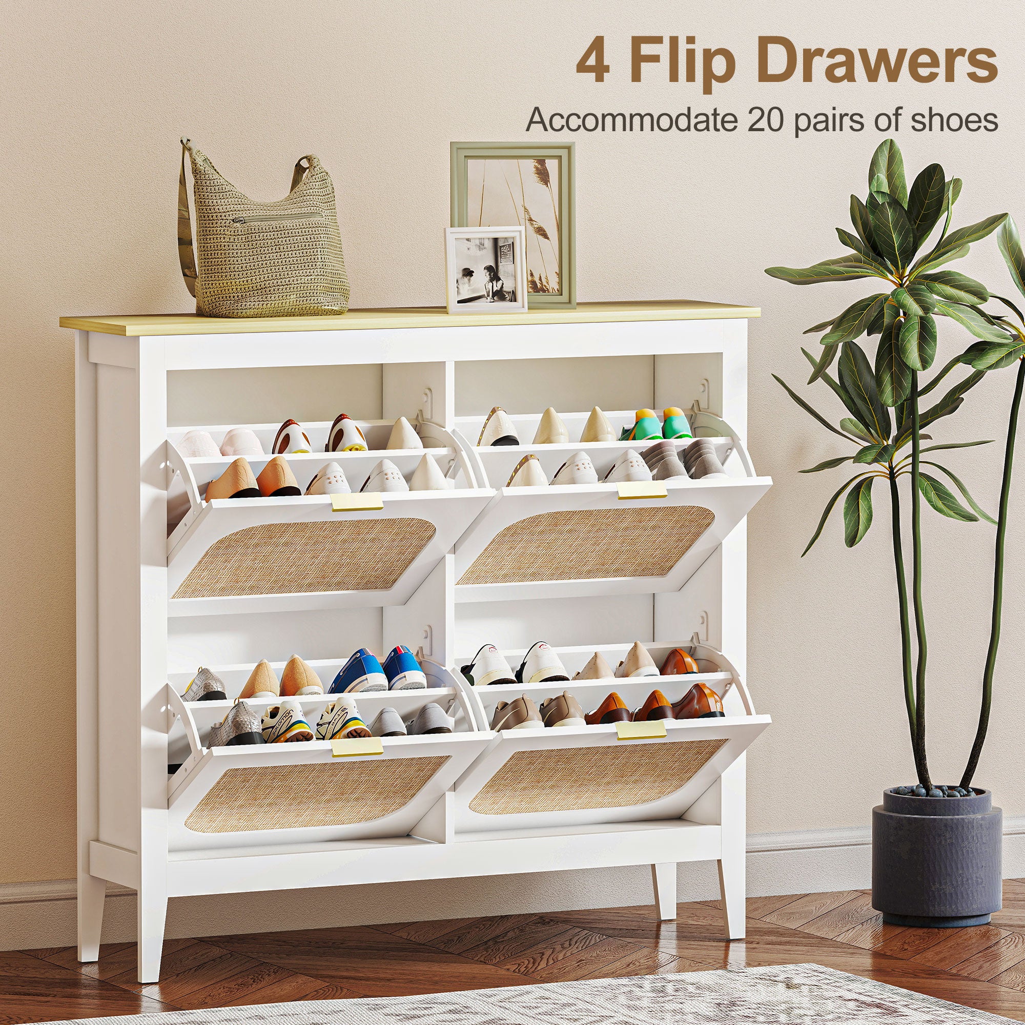 HOMCOM Boho Slim Shoe Cabinet with Rattan Doors, Holds 20 Pairs, White - Image 4