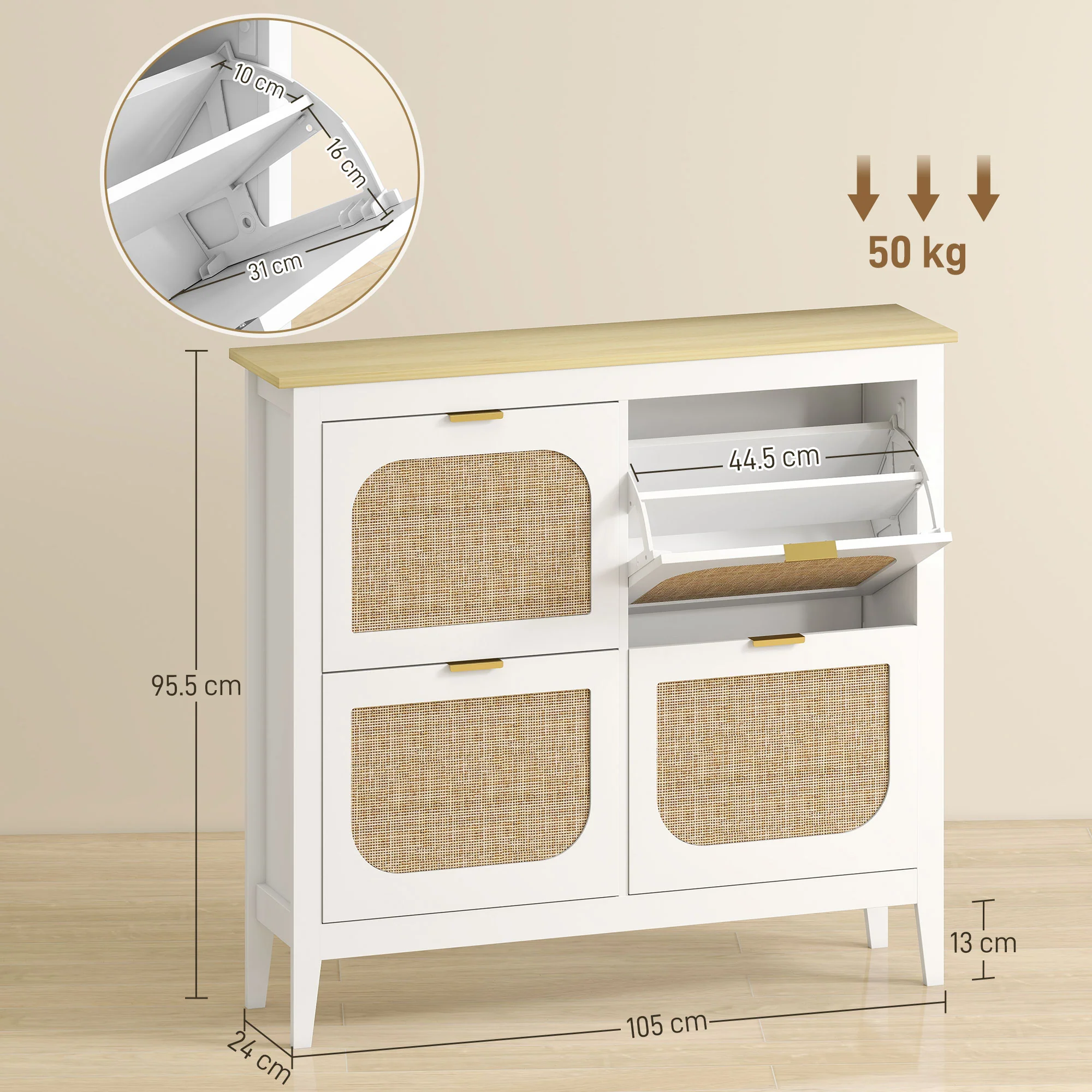 HOMCOM Boho Slim Shoe Cabinet with Rattan Doors, Holds 20 Pairs, White - Image 5