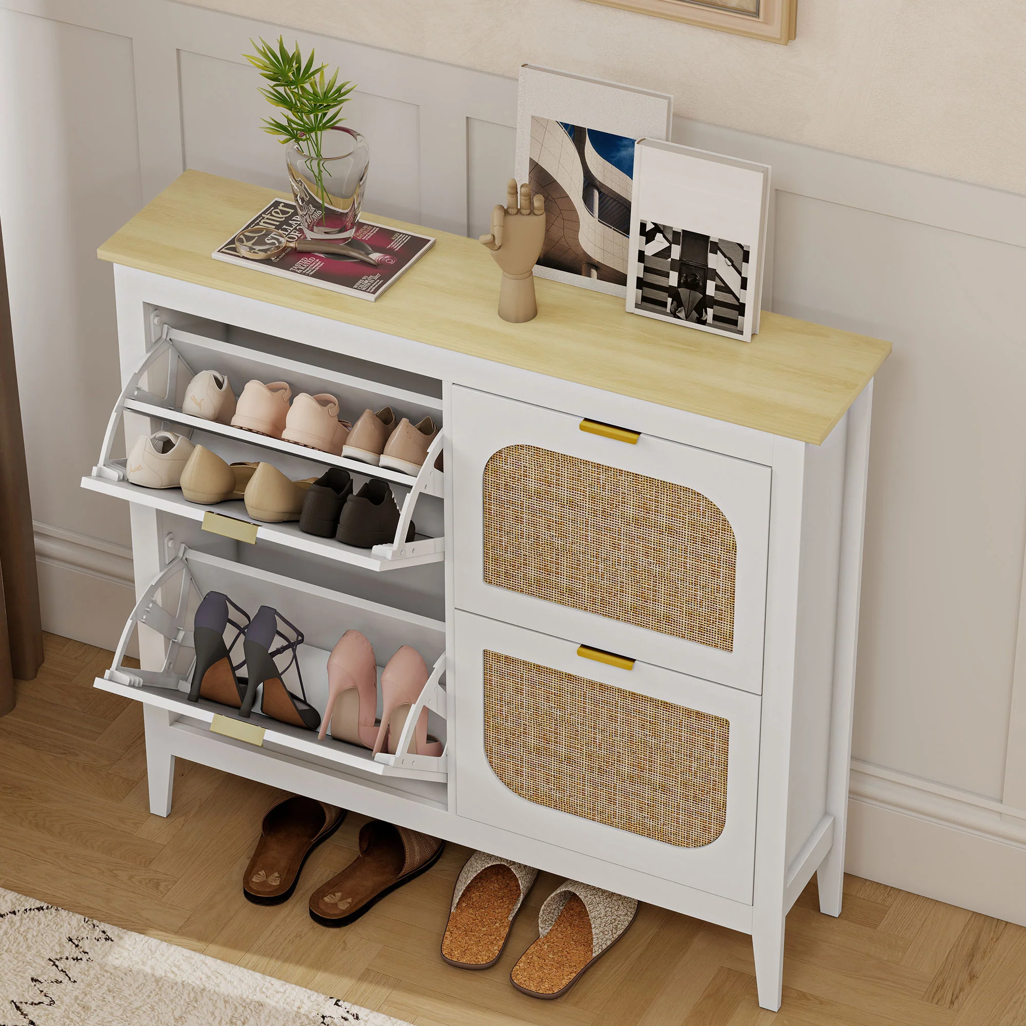HOMCOM Boho Slim Shoe Cabinet with Rattan Doors, Holds 20 Pairs, White - Image 8