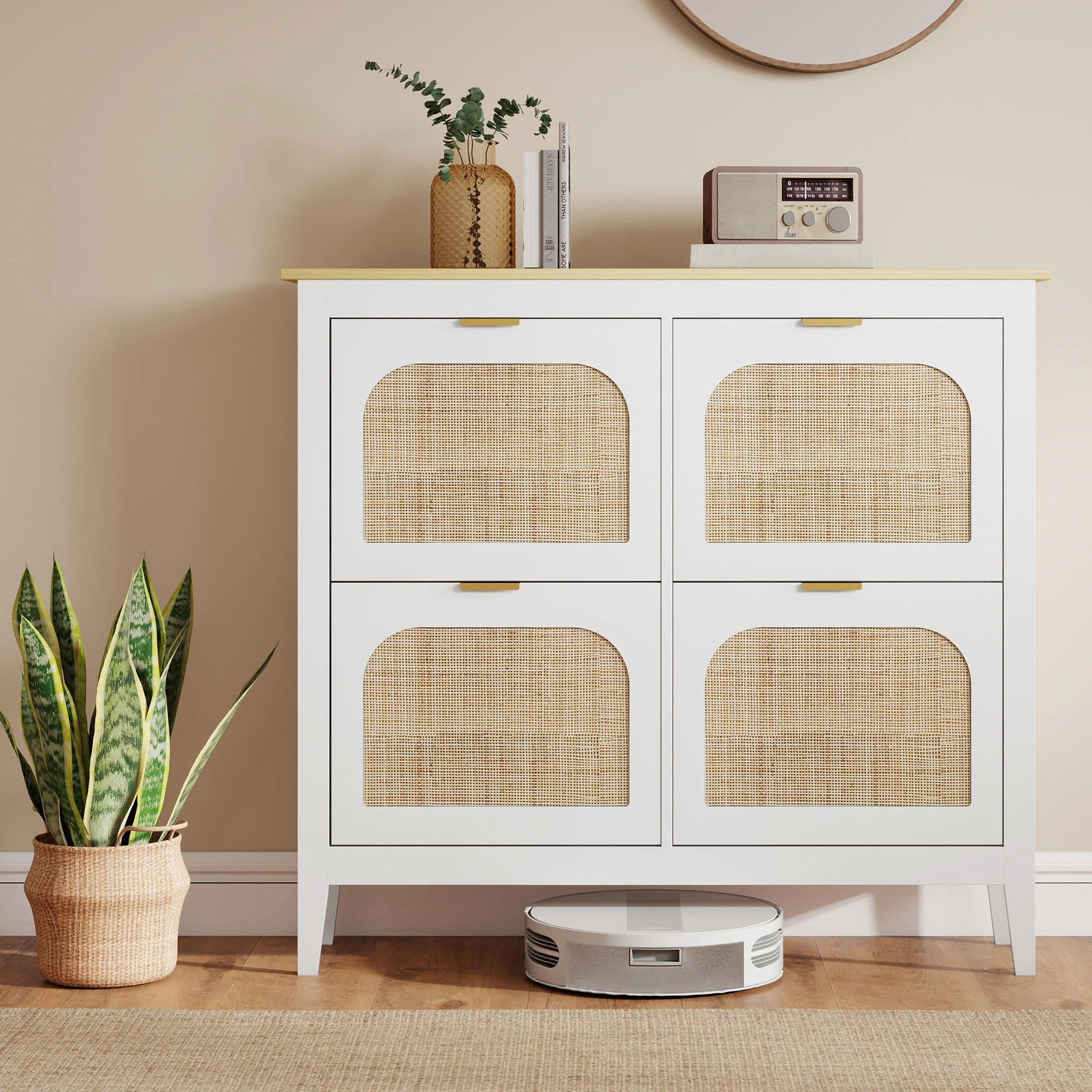 HOMCOM Boho Slim Shoe Cabinet with Rattan Doors, Holds 20 Pairs, White - Image 9
