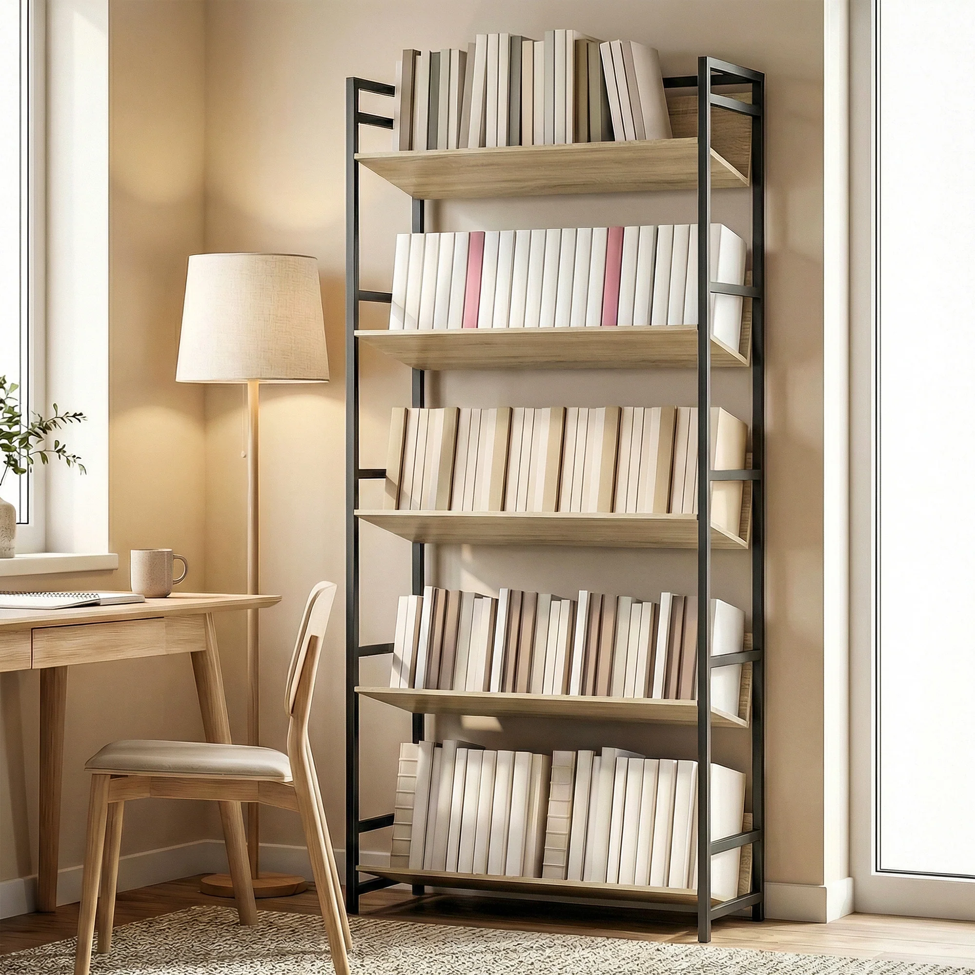 HOMCOM Bookcase Anti-Slip Design 5-Tier Oak - Image 2