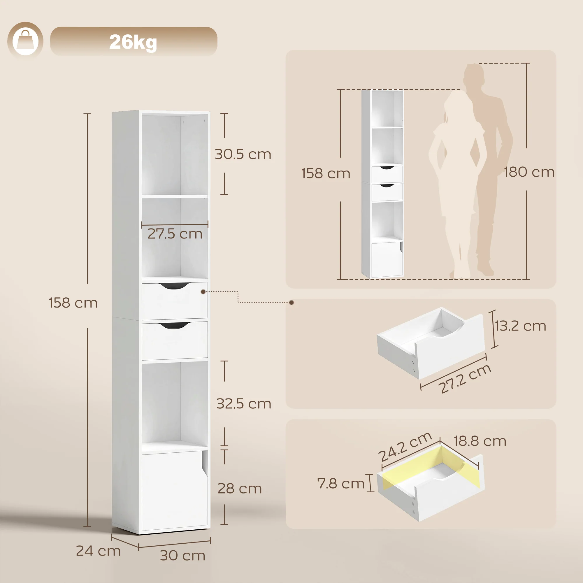 HOMCOM Bookcase With Drawers Adjustable Shelf 158 Cm White - Image 5