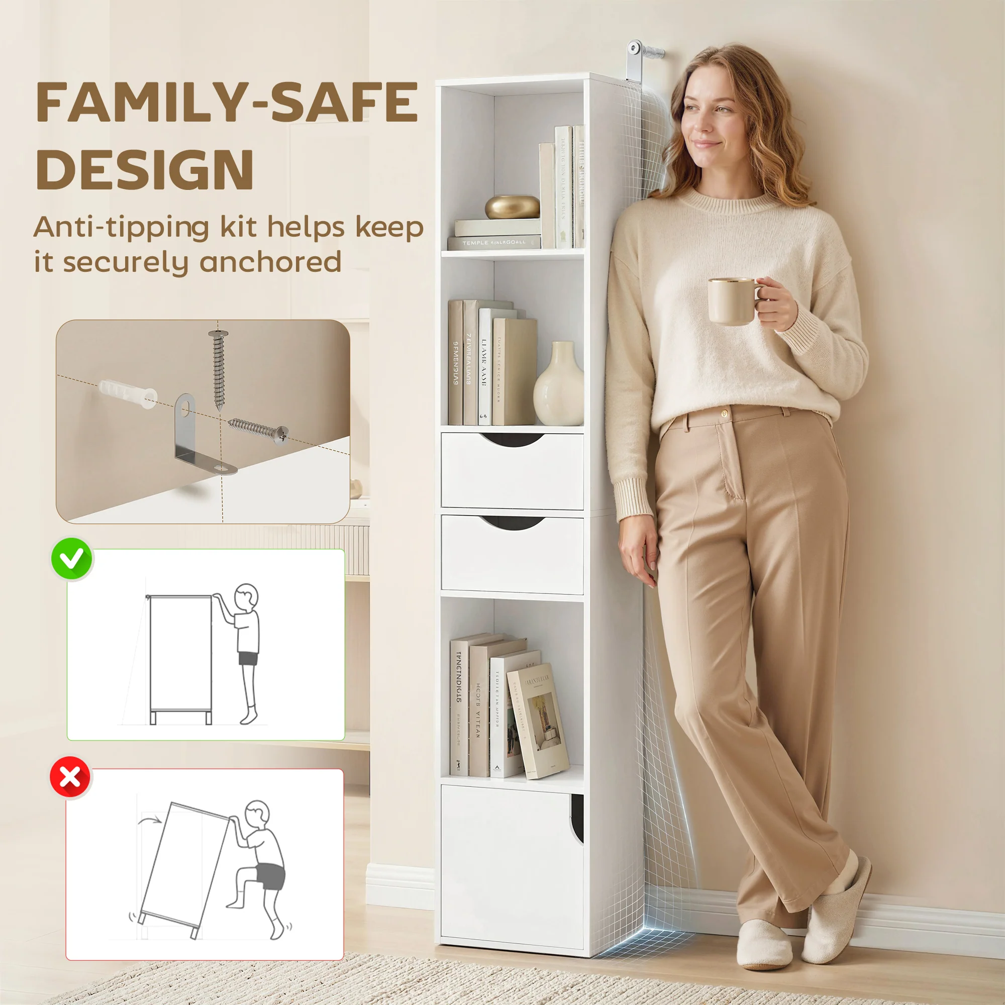 HOMCOM Bookcase With Drawers Adjustable Shelf 158 Cm White - Image 7