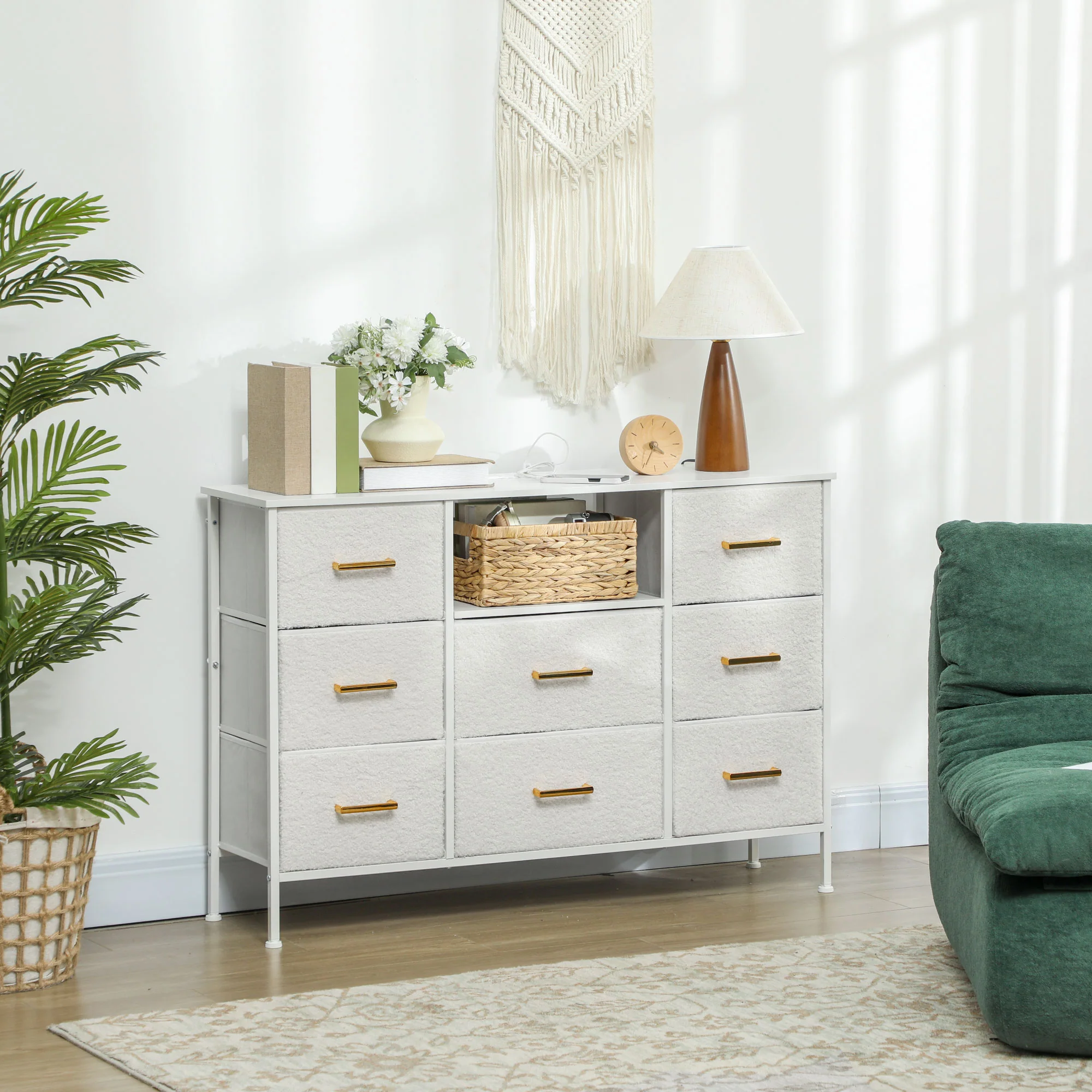 HOMCOM Boucle Chest of Drawers, 2 USB & 2 AC Ports, 8 Drawers Dresser - Image 2