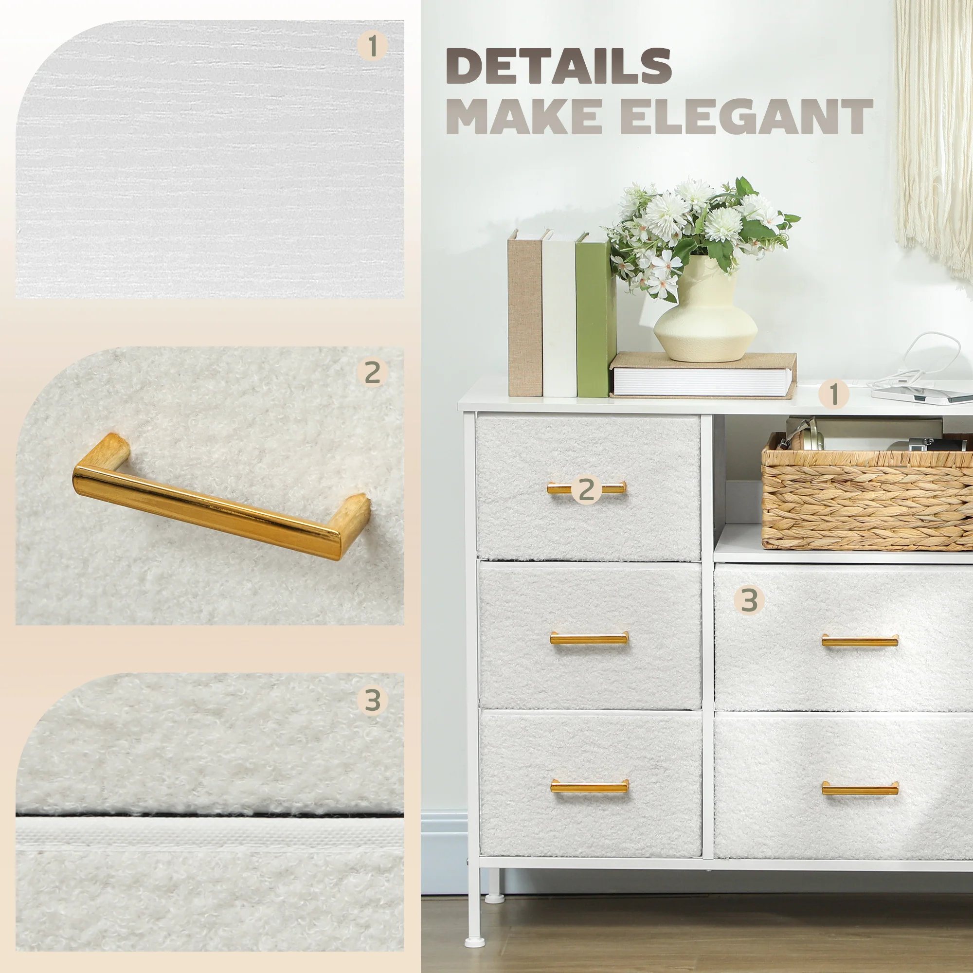 HOMCOM Boucle Chest of Drawers, 2 USB & 2 AC Ports, 8 Drawers Dresser - Image 4