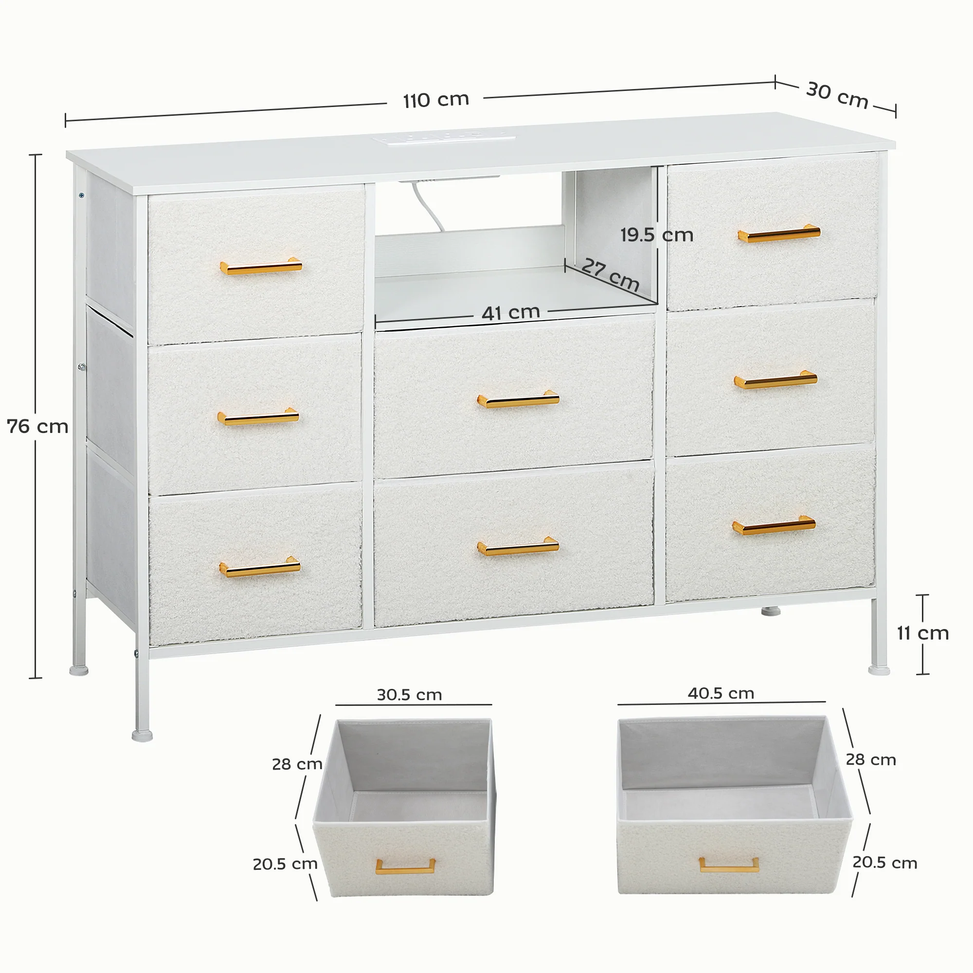 HOMCOM Boucle Chest of Drawers, 2 USB & 2 AC Ports, 8 Drawers Dresser - Image 5
