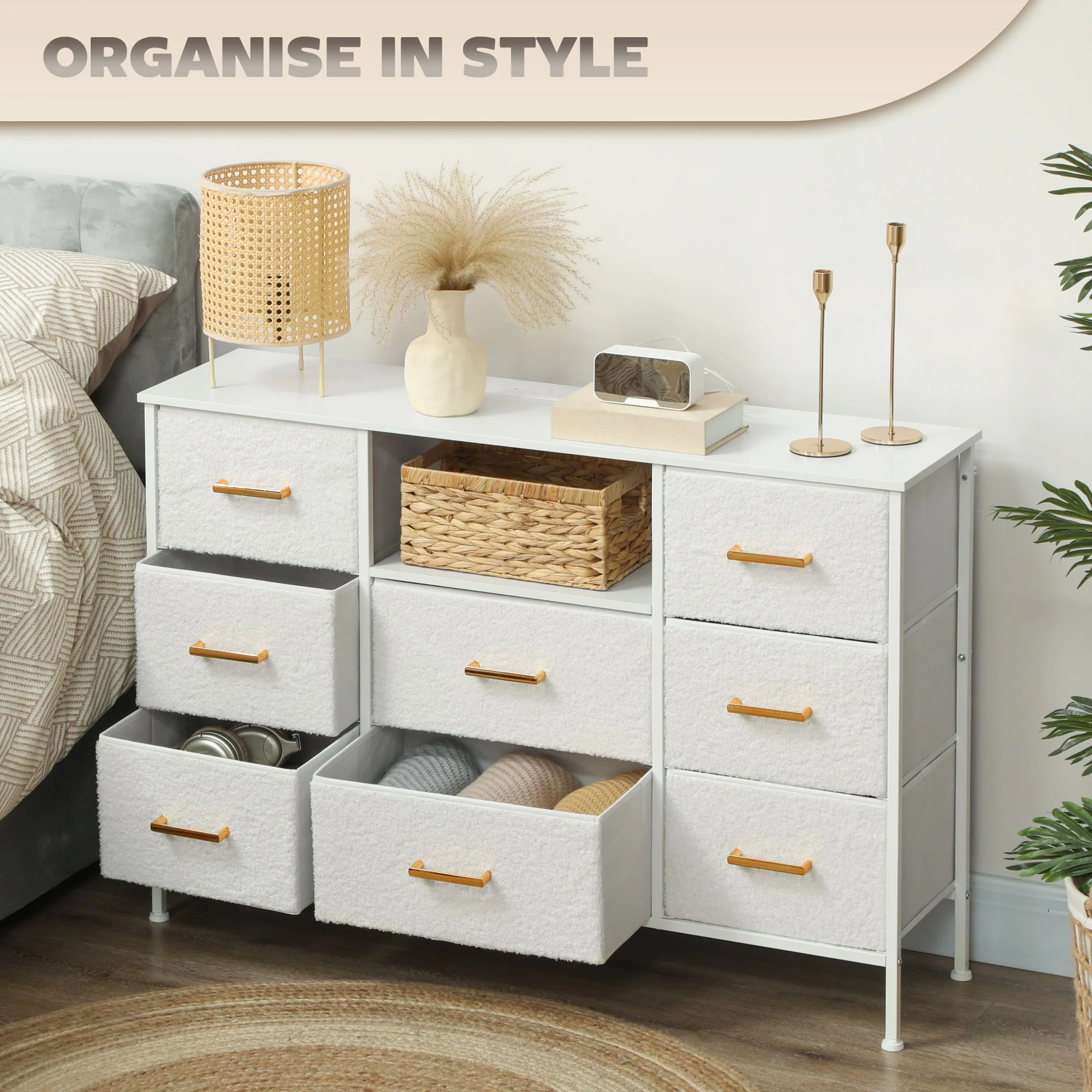 HOMCOM Boucle Chest of Drawers, 2 USB & 2 AC Ports, 8 Drawers Dresser - Image 6