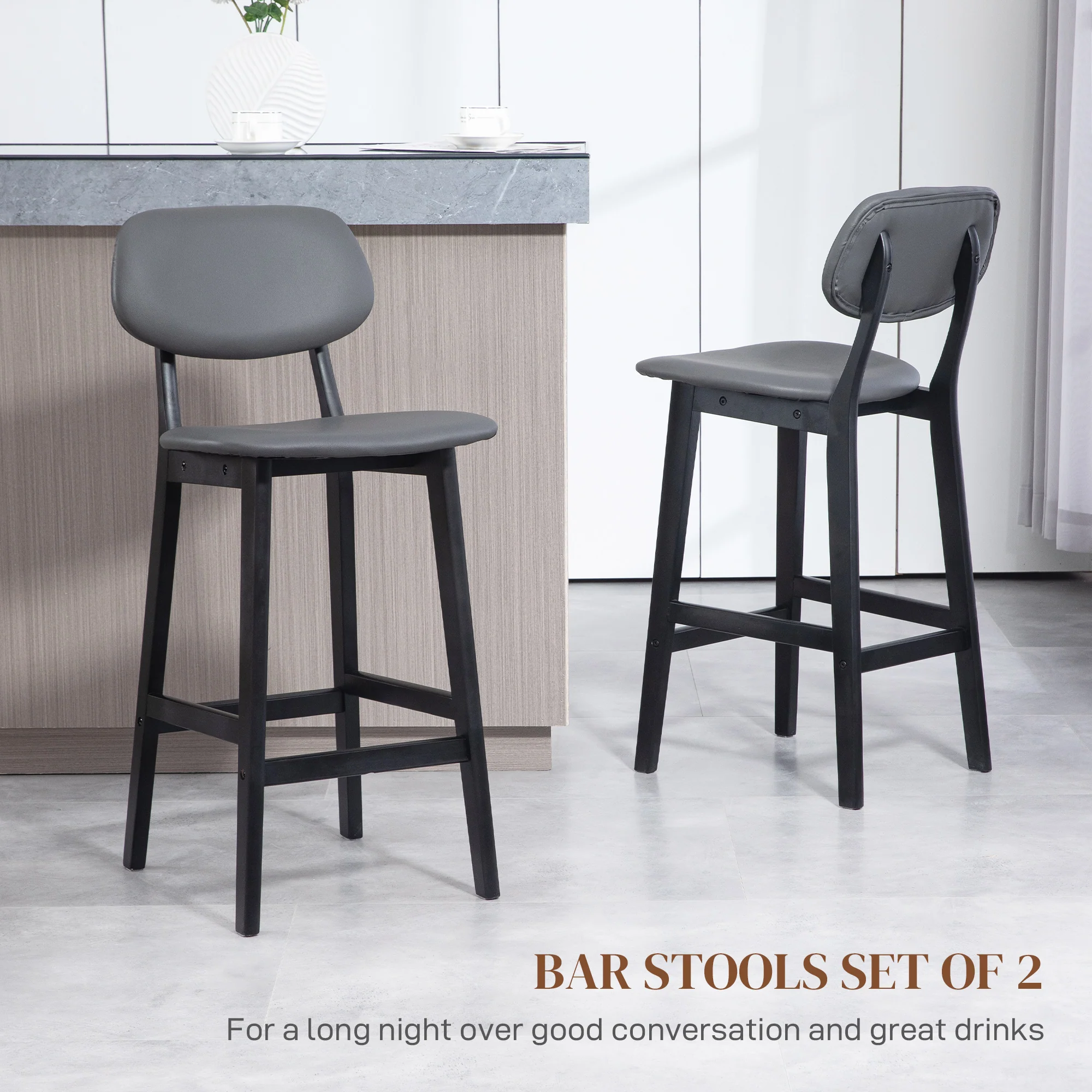 HOMCOM Breakfast Bar Stools Set Of 2 With PU Leather Cover, Wood Legs, Dark Grey - Image 3