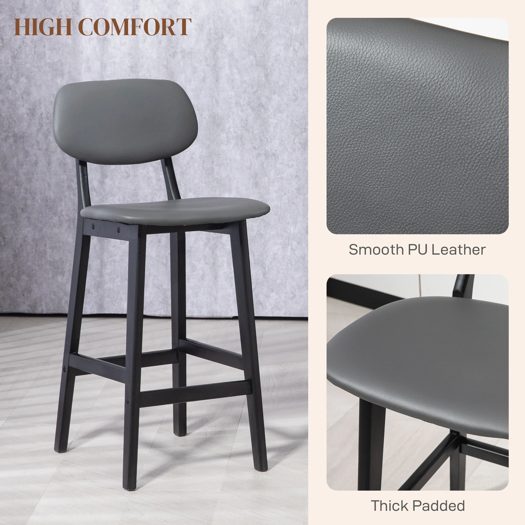HOMCOM Breakfast Bar Stools Set Of 2 With PU Leather Cover, Wood Legs, Dark Grey - Image 4