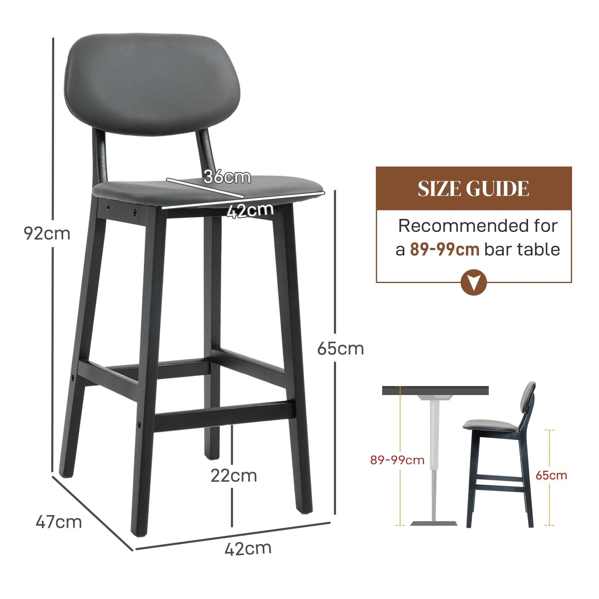 HOMCOM Breakfast Bar Stools Set Of 2 With PU Leather Cover, Wood Legs, Dark Grey - Image 5