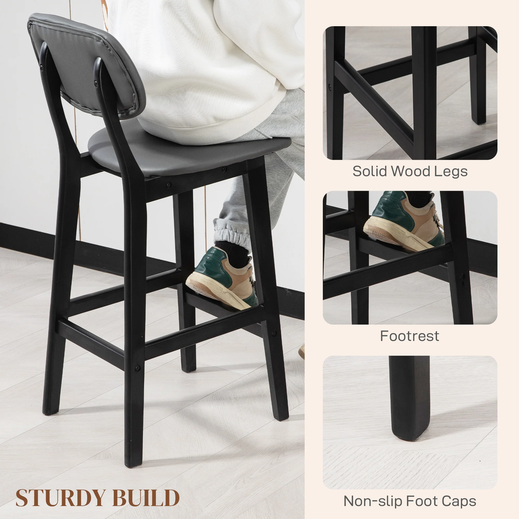 HOMCOM Breakfast Bar Stools Set Of 2 With PU Leather Cover, Wood Legs, Dark Grey - Image 6