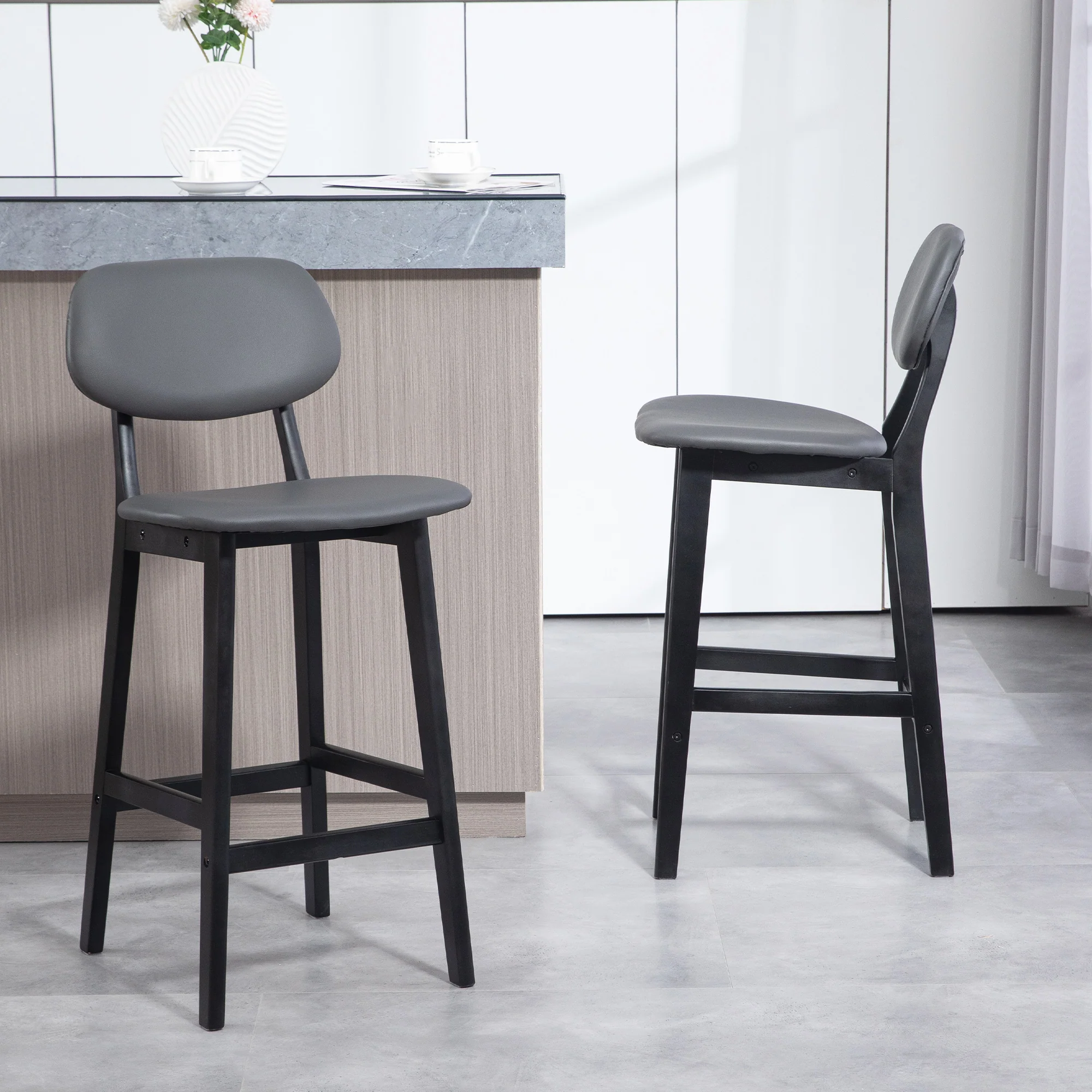 HOMCOM Breakfast Bar Stools Set Of 2 With PU Leather Cover, Wood Legs, Dark Grey - Image 7