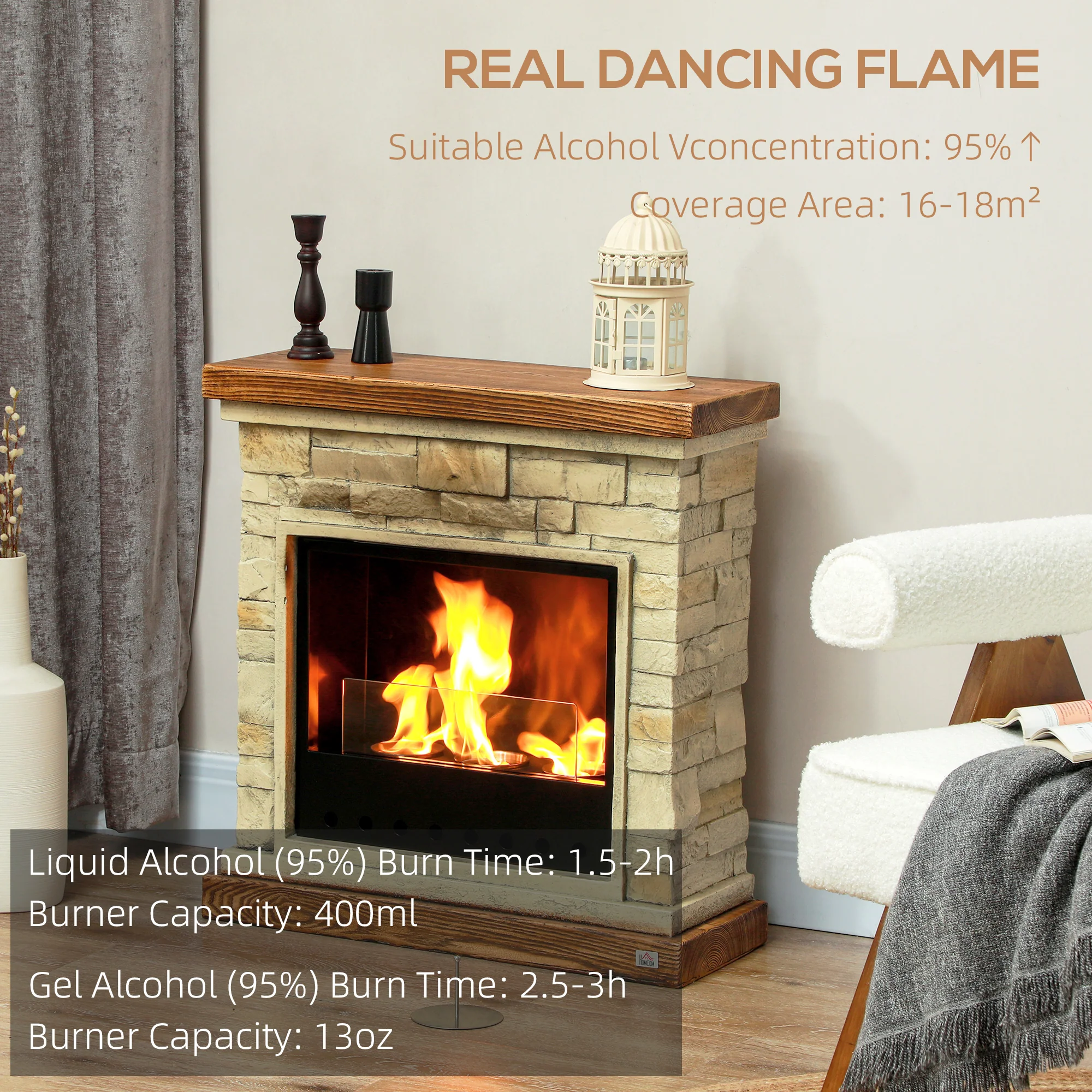 HOMCOM Brown Bioethanol Fire, Ethanol and Gel Fireplace, 3 Hours Burns - Image 3