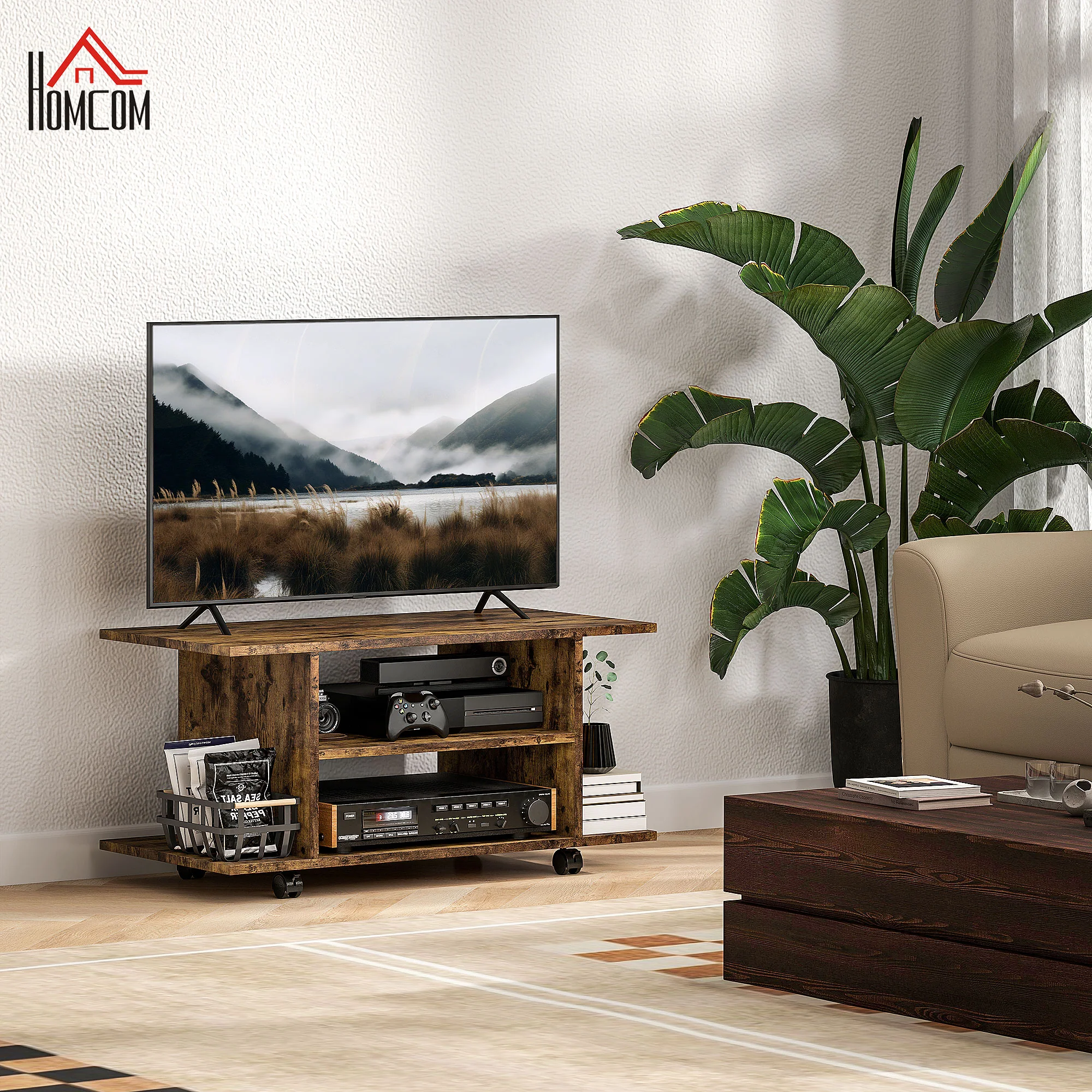 HOMCOM Brown Modern TV Cabinet Stand Storage Shelves Table Mobile Rustic - Image 2