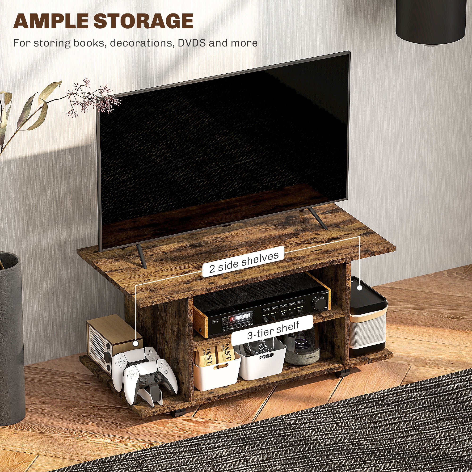HOMCOM Brown Modern TV Cabinet Stand Storage Shelves Table Mobile Rustic - Image 3